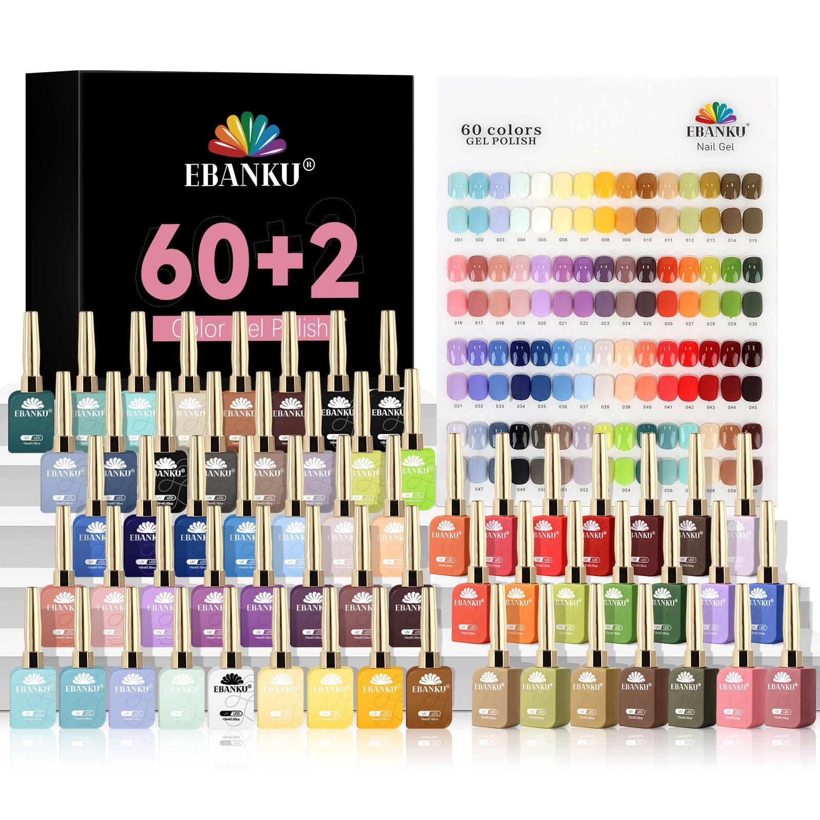 EBANKU 60 Colors 15 ML Gel Nail Polish Set, Same Color Same Bottle with 2PCS Base Gel and Glossy Top Coat, Fast Drying Long Lasting Nail Polish for