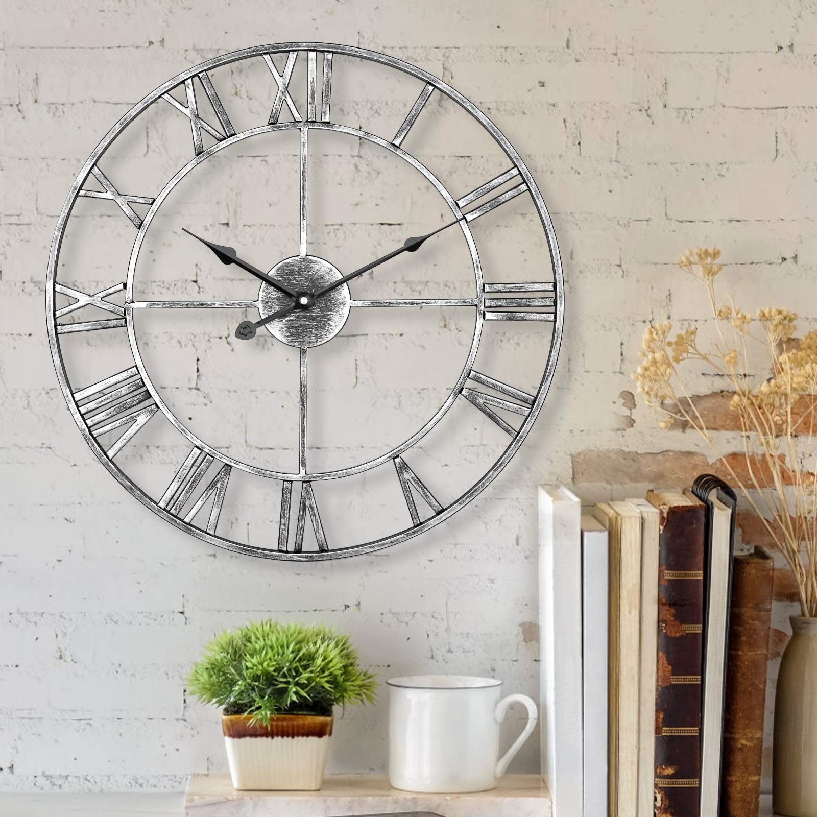 LENAUQ Silent Metal Skeleton Wall Clock, 60cm European Farmhouse Vintage Clock with Roman Numeral, Non-Ticking Battery Operated Hanging Wall Clock for