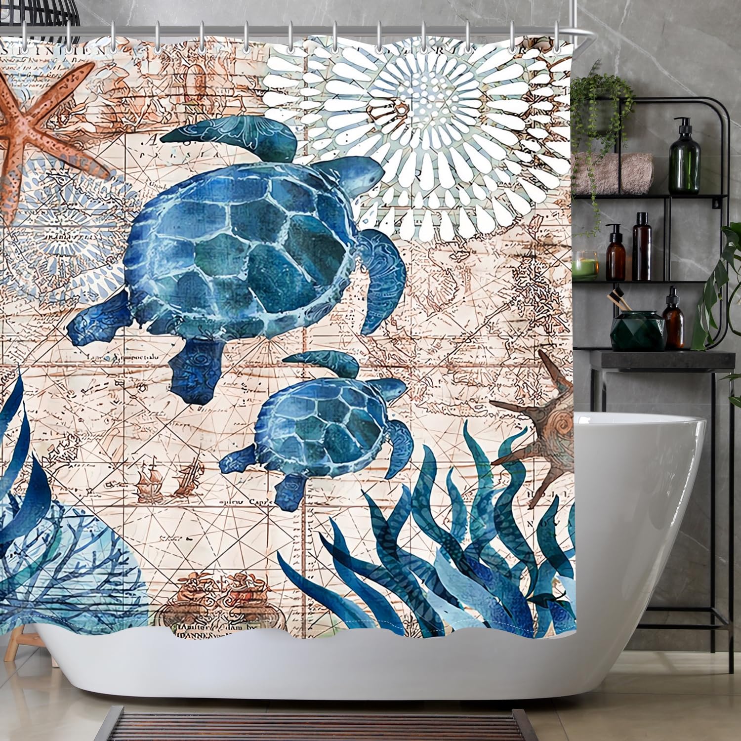 Lerores Shower Curtain, 180 x 200 cm, Sea Turtle, Weighted Hem, Anti-Mould, Water-Repellent, Washable Polyester Fabric Bath Curtains with Eyelets and