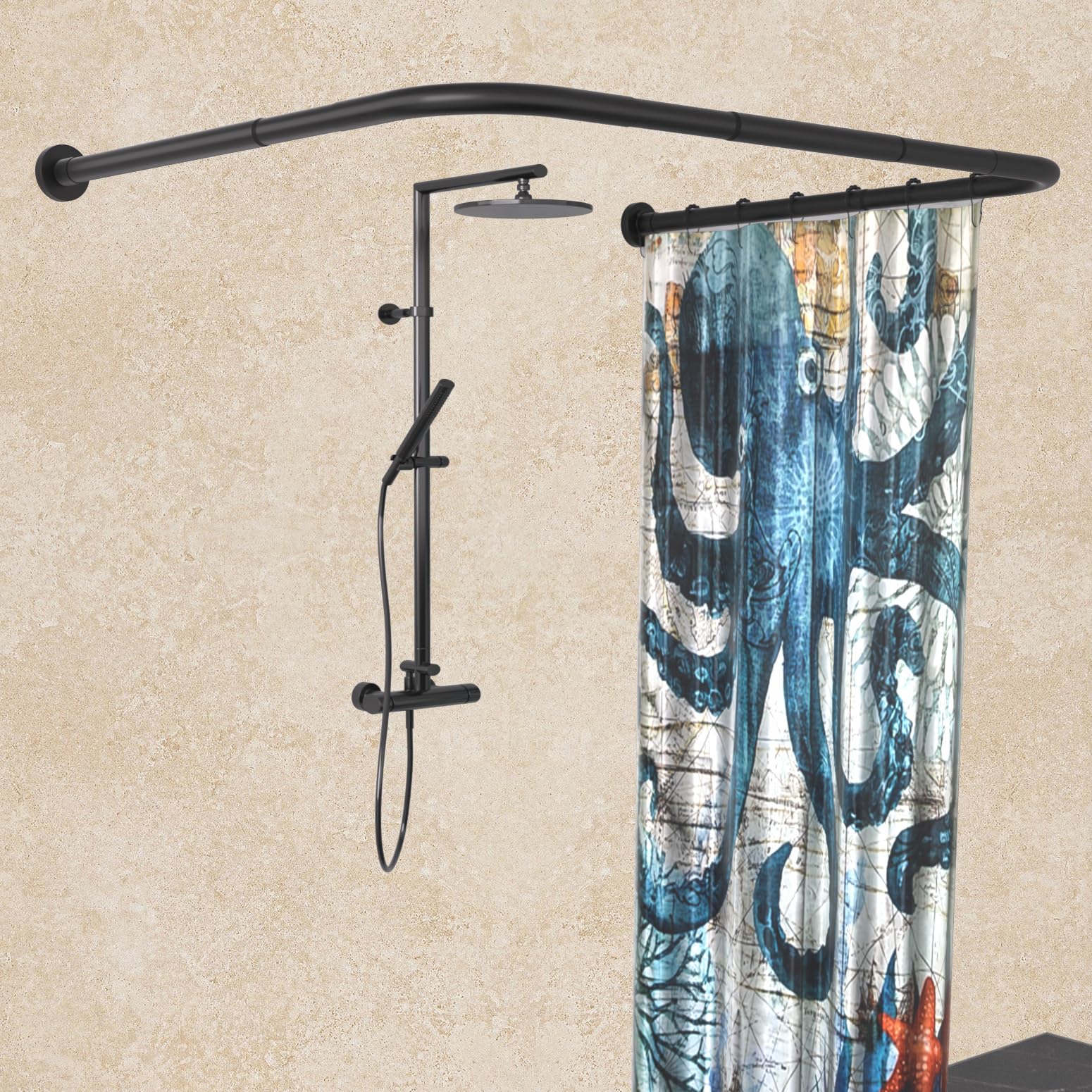 Sikaiqi 304 Stainless U Shaped Bathroom Bathtub Corner Shower Curtain Rail Rack, Size Adjustable (U Shaped Black, Length on Both Sides: 43-65