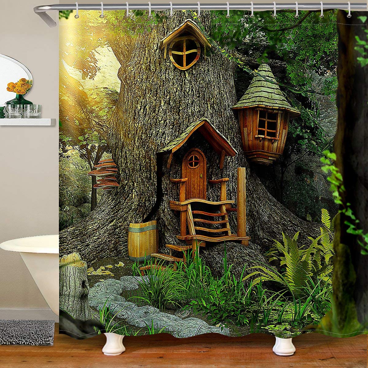 Woodland Waterproof Tree House Decor Bathroom Shower Curtain Kids Boys Girls Fantasy Cartoon Illustration Art Curtains,180x200cm