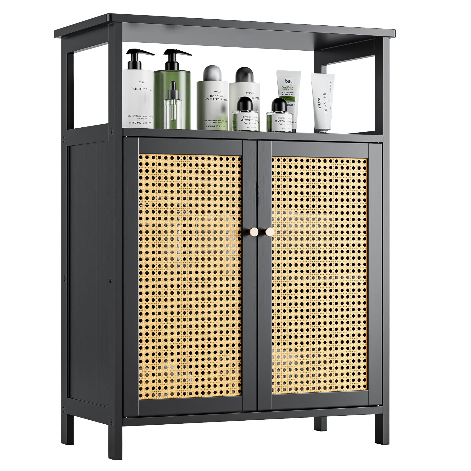 vovala Bamboo Floor Rattan Cabinet, Bathroom Storage Organizer Rack with 2 Doors and 1 Shelf, Space Saving Wood Kitchen Cupboard, Hallway Side Table,