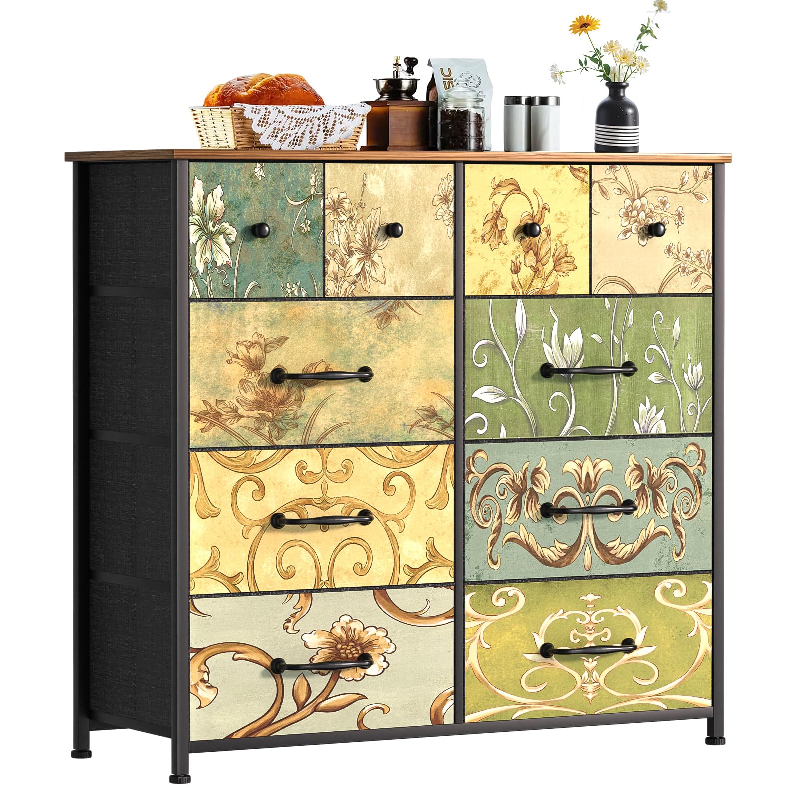 LNZHAO Large Chest of Drawers Bedroom: Dresser Drawers for Bedroom - 10 Fabric Drawers Storage Unit for Living Room Nursery Entryway Hallway Wood