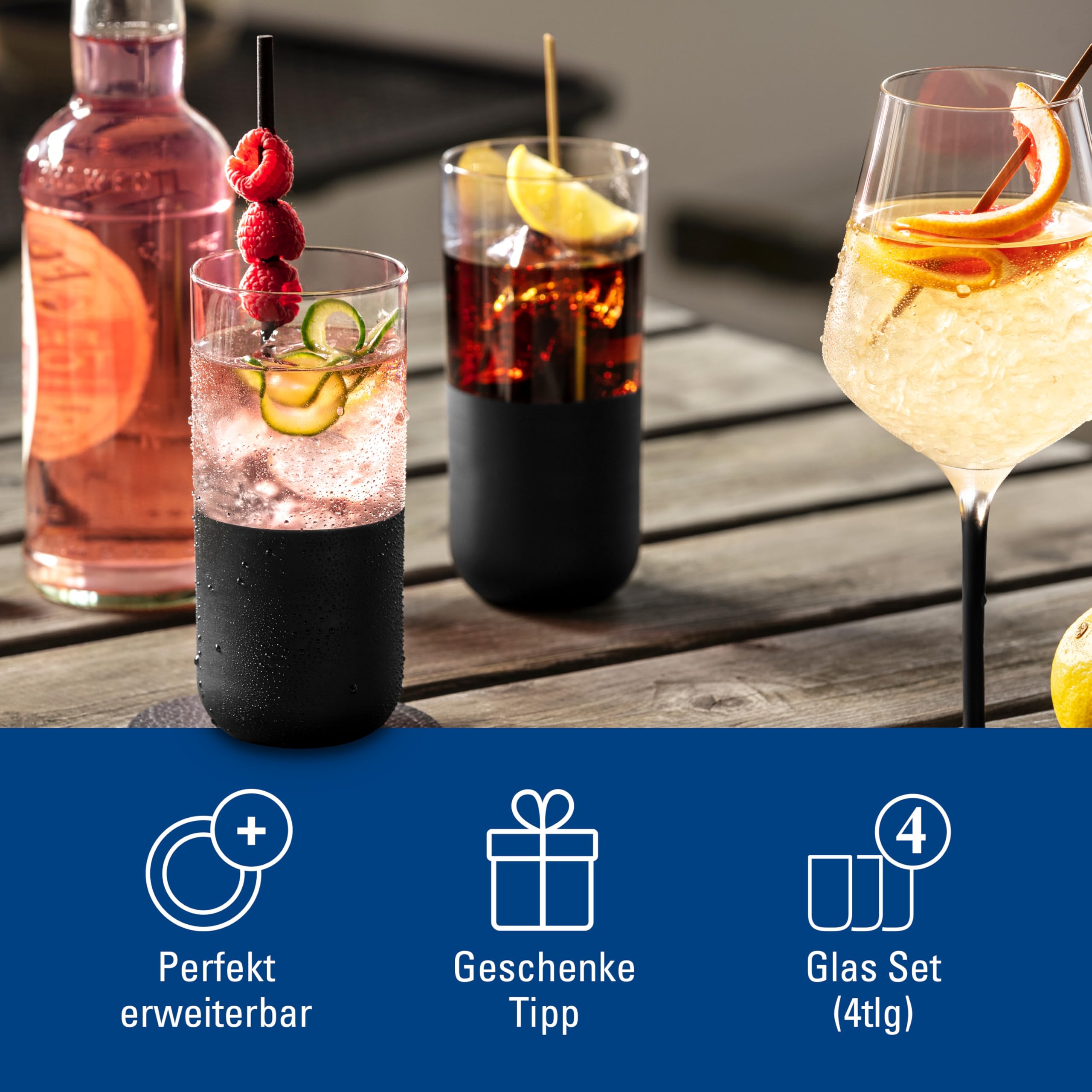 Villeroy & Boch Manufacture Rock Long Drink Glass Set, 4 pces, Crystal Glass with matt Black Base, Capacity 300 ml