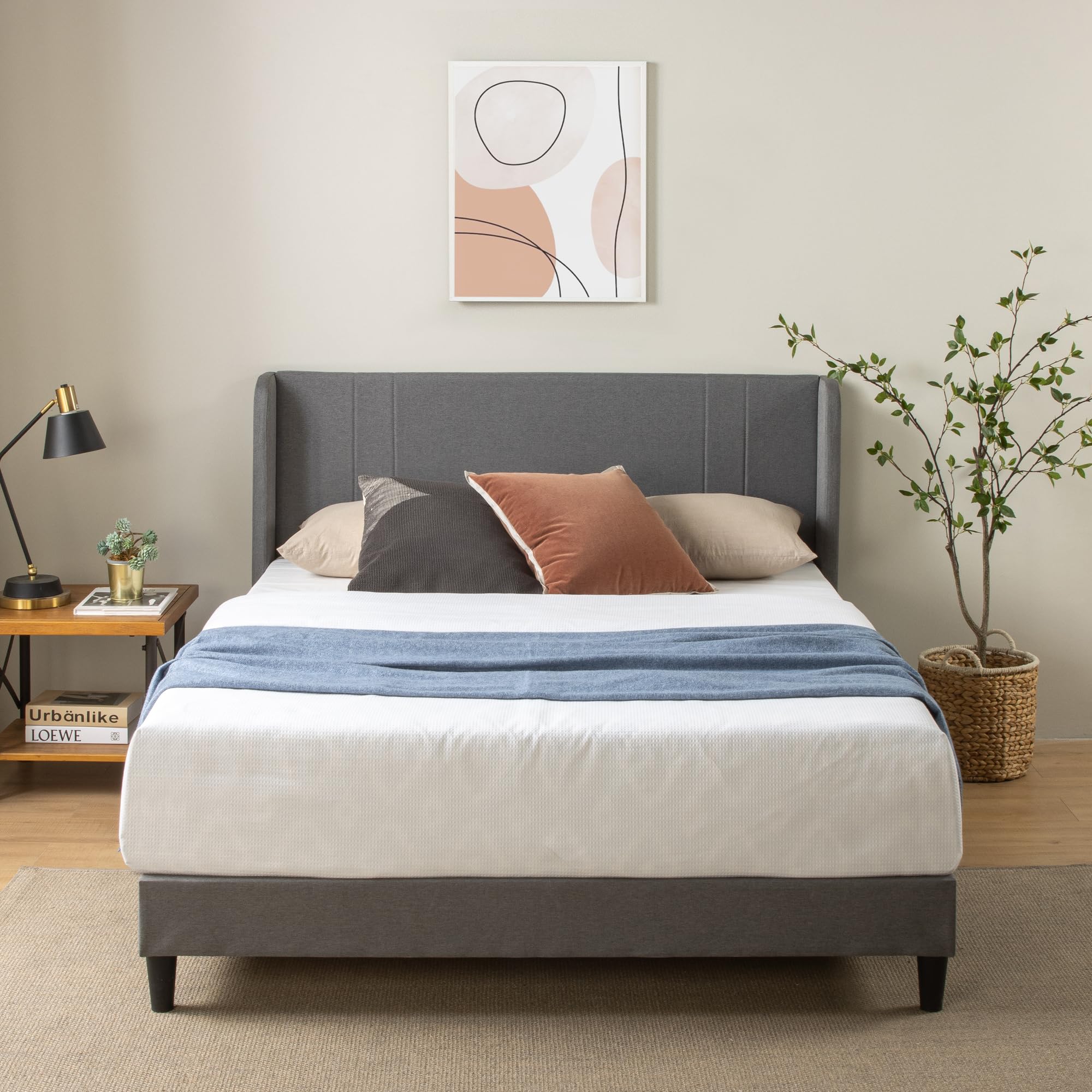 Zinus Sasha King Bed Frame - Bed 150x200 cm - 25 cm Bamboo Slat Support - Medium Grey Upholstered Wingback Bed Frame