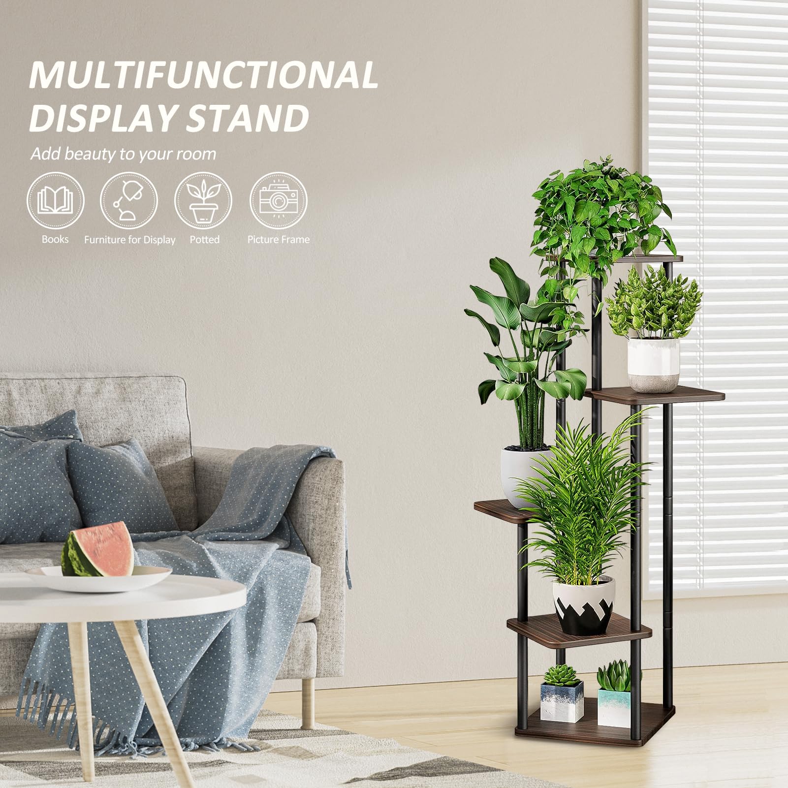 VASZOLA 5 Tier Wood Tall Plant Stand, Metal Rack with Multiple Flower Pot Holder Shelves, Planter Shelf Display Rack Storage Organizer for Balcony