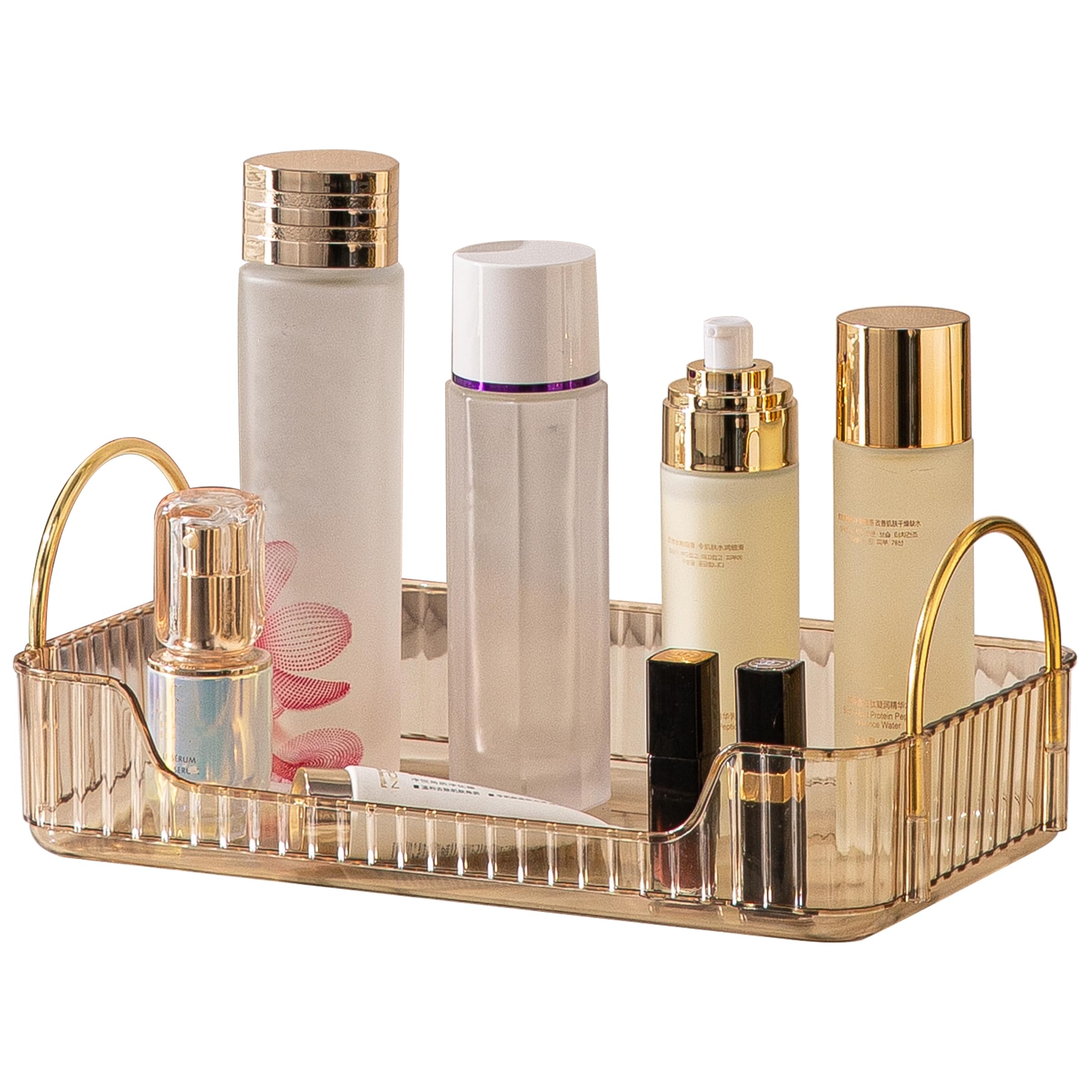 Bathroom Organiser Countertop Vanity Tray, Skincare Makeup Shelf for Cosmetics, Toiletries, Lotions, Perfumes (1 Tier, Amber)