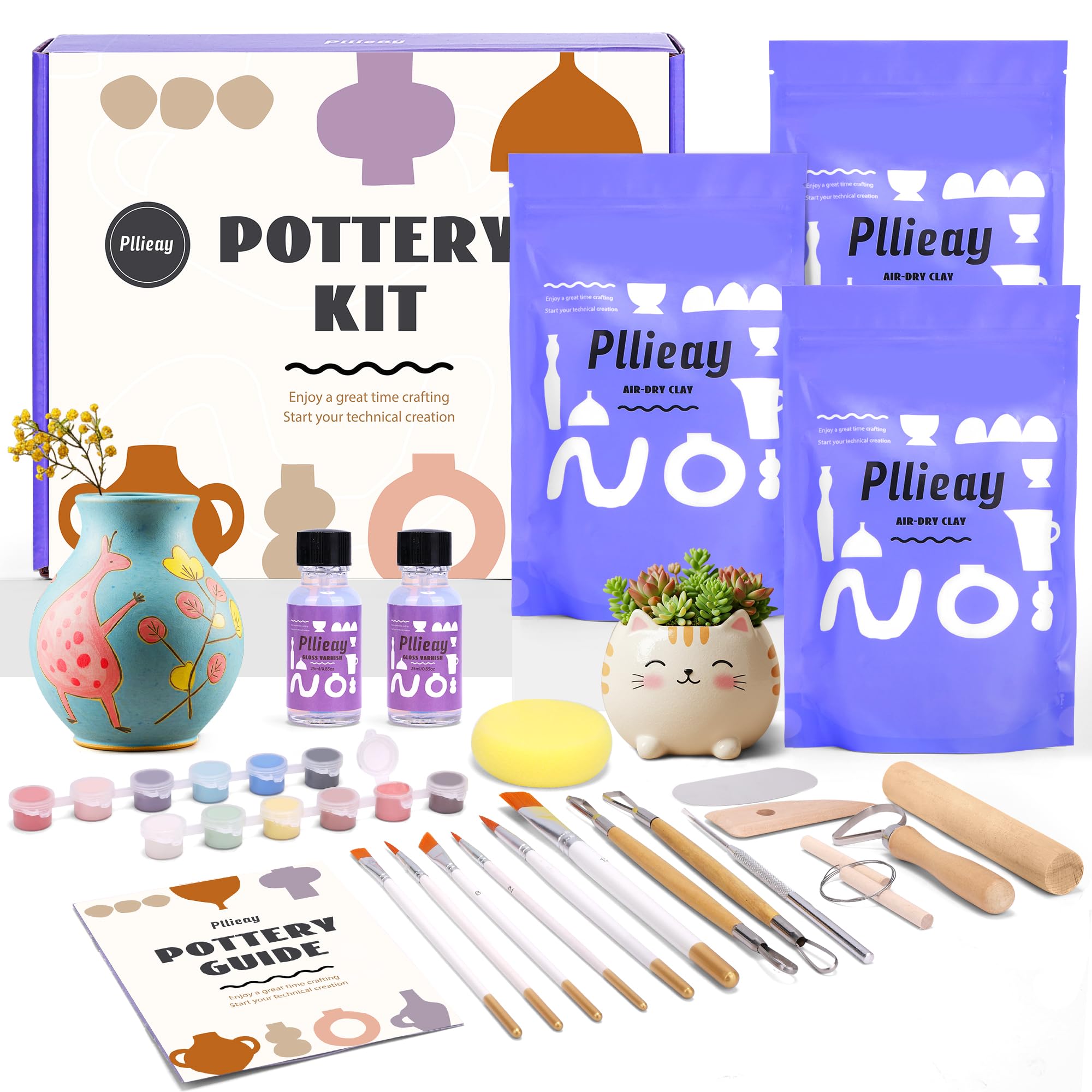 Pllieay Home Pottery Kit Air Dry Clay Pottery Kit for Adults Pottery Painting Kit with Tools Vanish and Instruction DIY Clay Play Set Perfect DIY