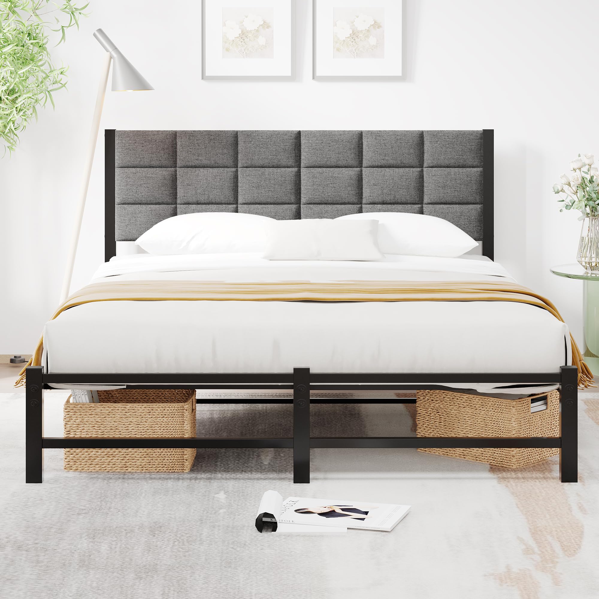 JUISSANO Double Bed Frame with Headboard, Upholstered Platform Bed Frame Double with Headboard,Metal Bed Frame Double Bed with Metal Slat