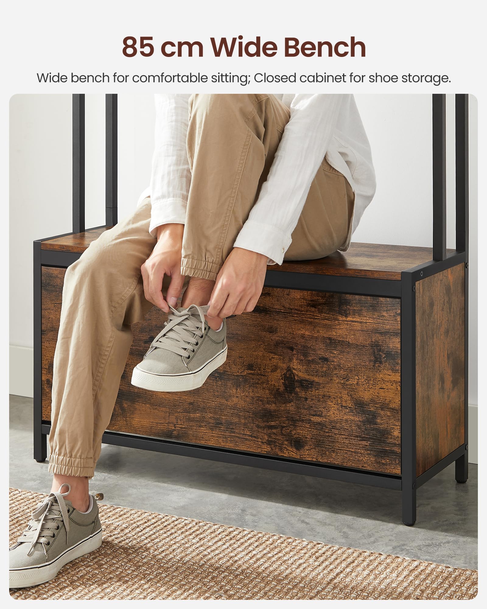 VASAGLE Coat Rack with Shoe Storage, Hall Tree with Bench, 9 Hooks and Top Shelf, for Hallway, Bedroom, Industrial Style, Rustic Brown and Ink Black