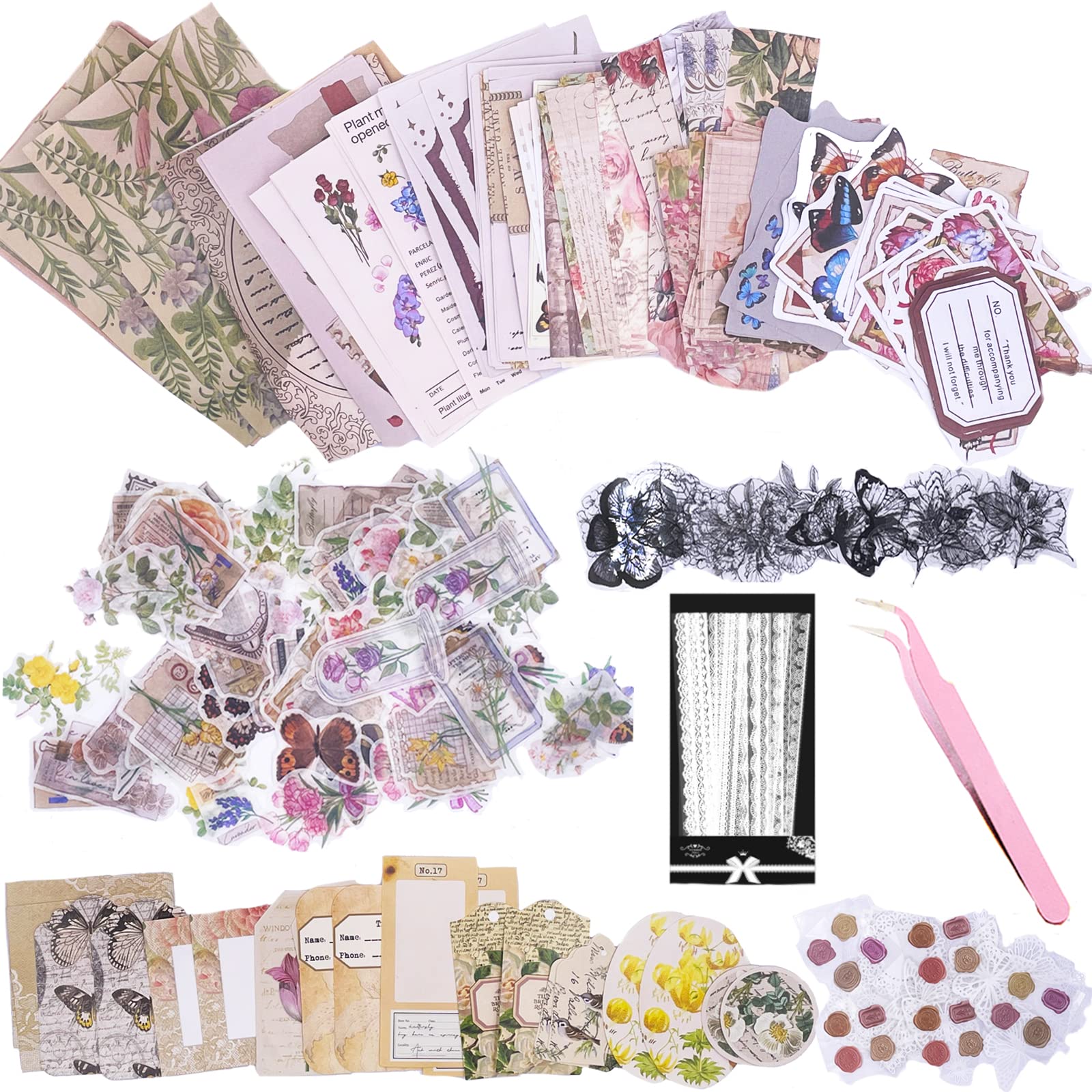 Carreuty 290pcs Aesthetic Scrapbooking Stickers Paper Pack, DIY Decorative Papers Retro Flowers Journaling Supplies Stickers Paper Kit for Scrapbook