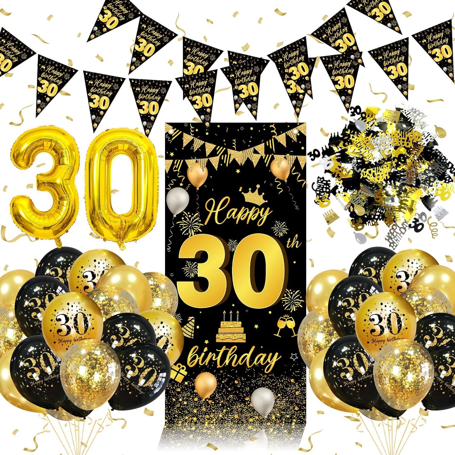 30th Birthday Decorations for Men Women, 30th Birthday Balloons Black Gold with 30 Balloons, Triangle Flag Banner, Banner | 30 Year Old Party Supplies