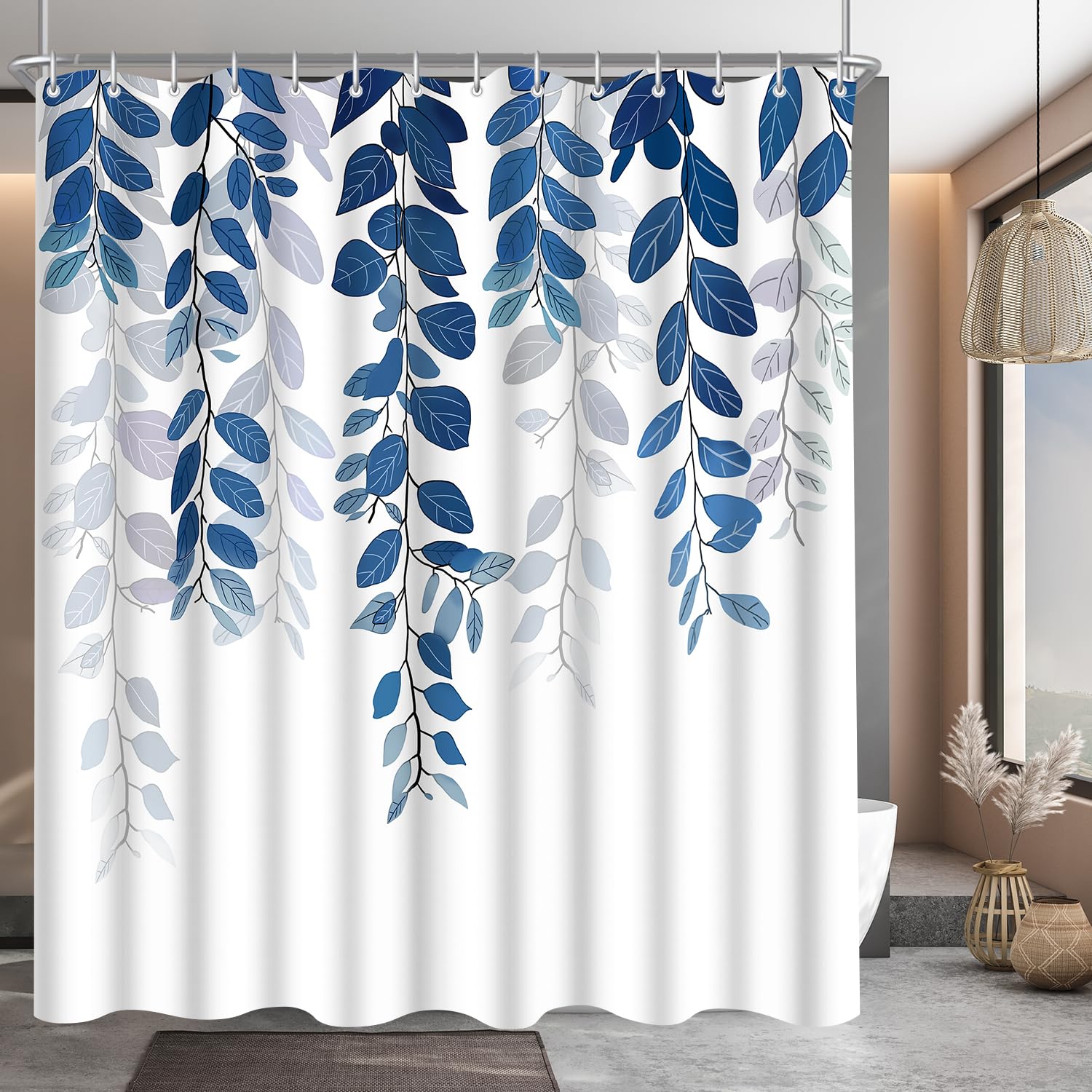 Lerores Shower Curtain, 180 x 180 cm, Blue Leaf, Weighted Hem, Anti-Mould Textile, Water-Repellent, Washable Polyester Fabric Bath Curtains with 12