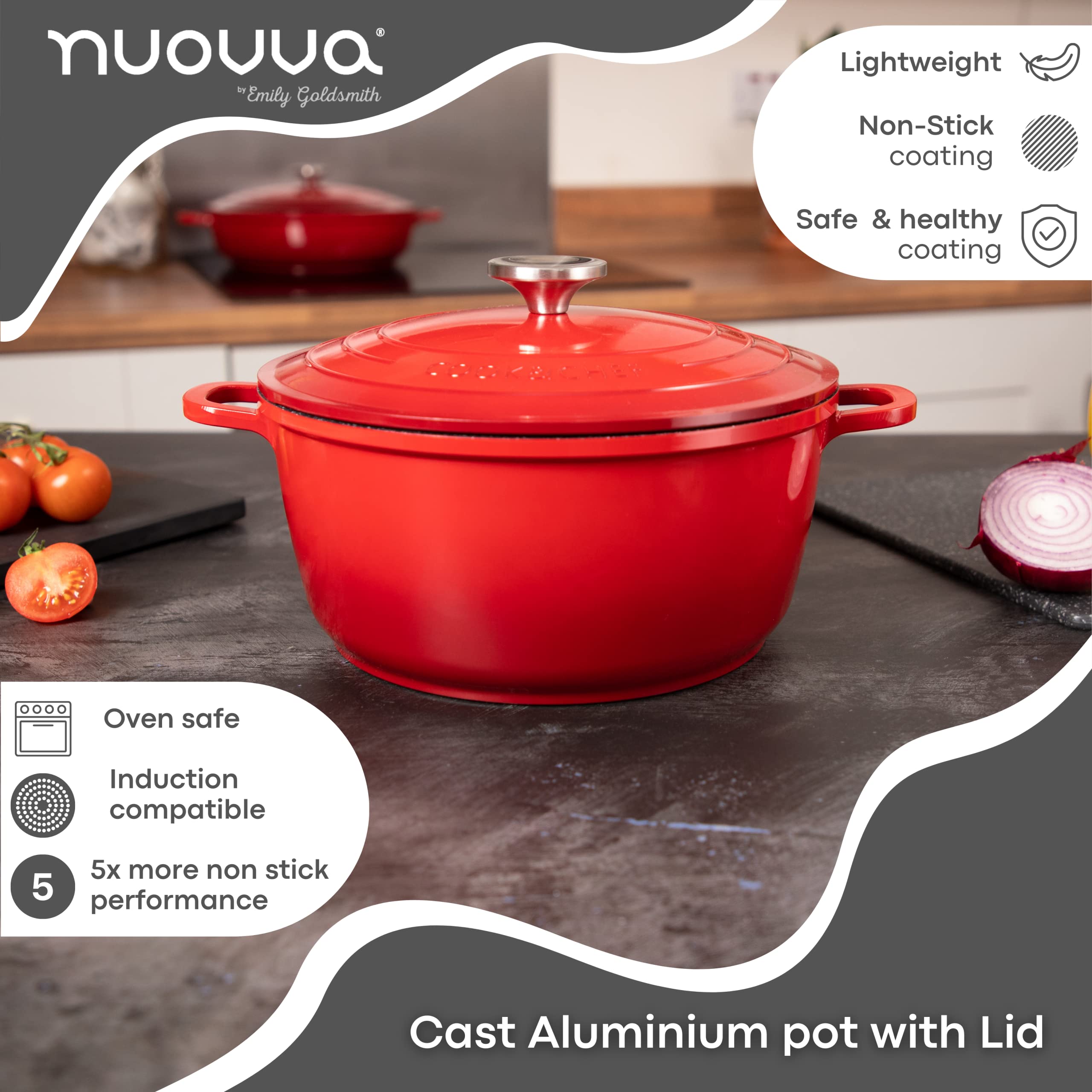 Non-Stick Aluminium Pot with Lid Sturdy Deep Dutch Oven Casserole Pot with Ergonomic Handles 4L, 24cm, Red Oven Safe Cooking Pot by Nuovva