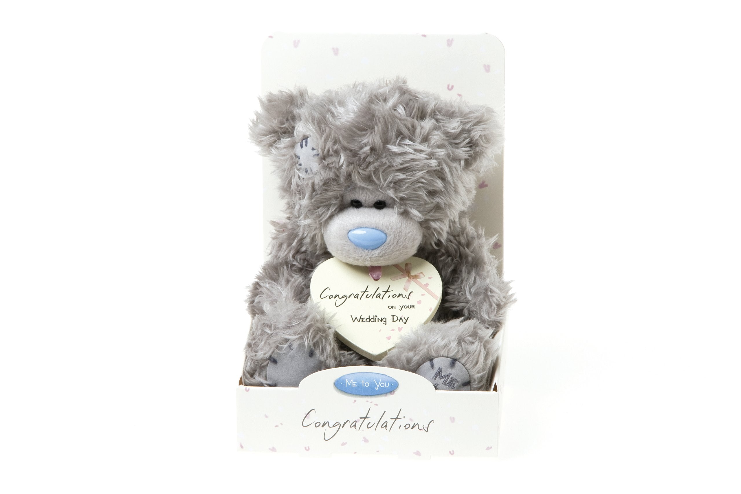 Me to You, Tatty Teddy, Grey Teddy Bear Wearing a Cream Congratulations on your Wedding Day Heart Shaped Plaque, Sits 6" Tall
