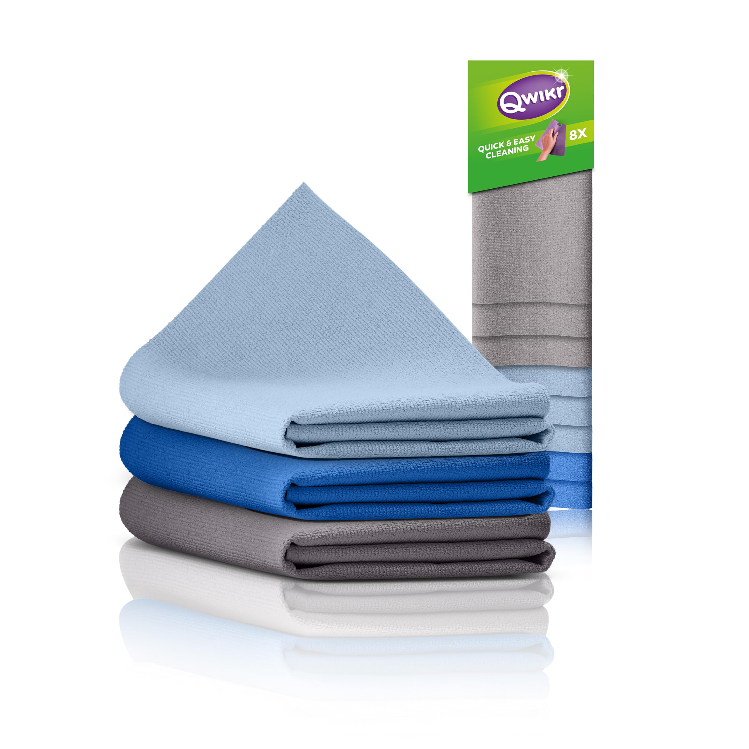 Qwikr Microfibre Cloths, XXL, Pack of 8, Grey, Light Blue, Blue, Cleaning Cloths, Value Pack, 40 x 50 cm, XXL Size, Ideal for Large Tasks, Microfibre