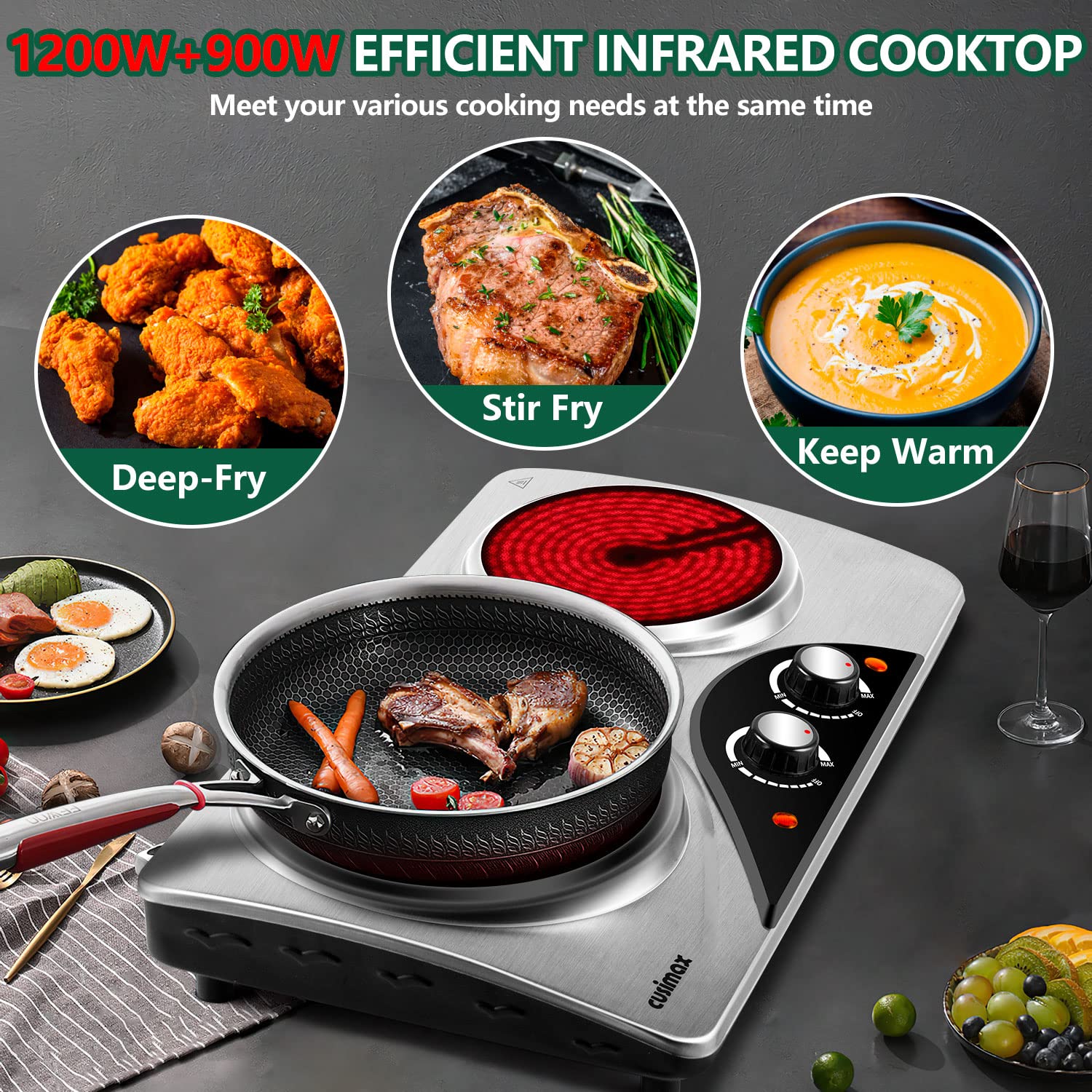 CUSIMAX Hot Plate, Double Infrared Hot Plates for cooking, 2100W Electric Hob Portable Cooktop with Dual Temperature Control & Overheat Protection,
