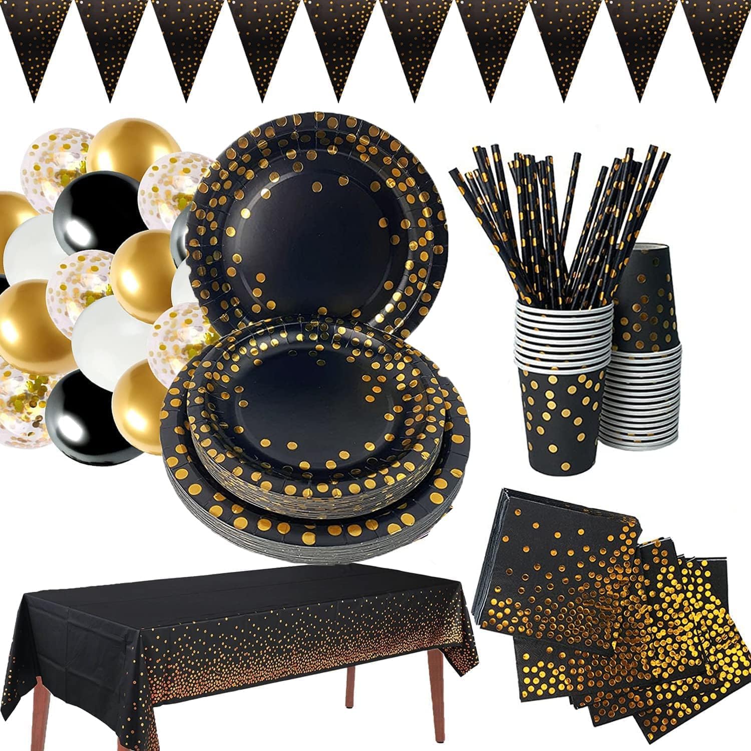 Black Gold Party Supplies with Tablecloth, Plates, Cups, Straws, Napkins for Brithday Baby Shower, Wedding, Anniversary, Christmas Party Supplie