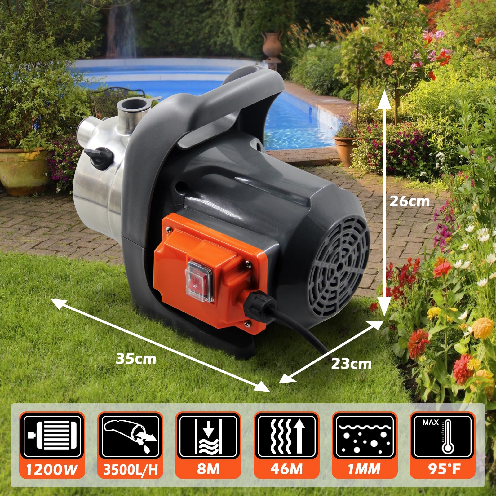 VEATON 1200W Portable Garden Booster Jet Pump, 3500L/H Stainless Steel Pressure Pump, Max Water Lift 46m, 4.6 bar, Transfer Clean Water for Home Lawn