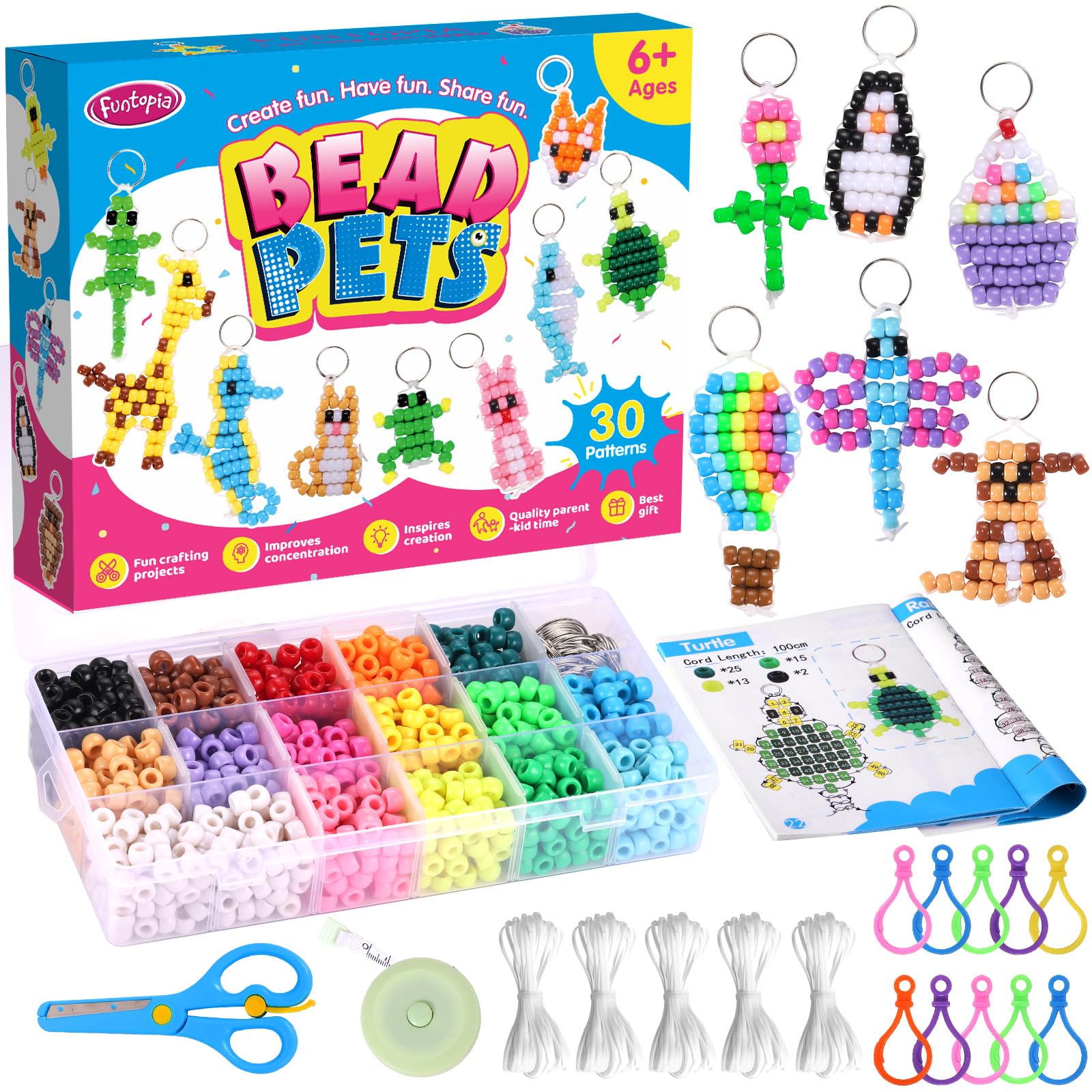 Funtopia Pony Beads, 1500+ Craft Kit for Kids, Kandi Keychain Making, Bead Pets for Crafting Beginners, Birthday Party DIY for Girls Boys (1500 Beads,