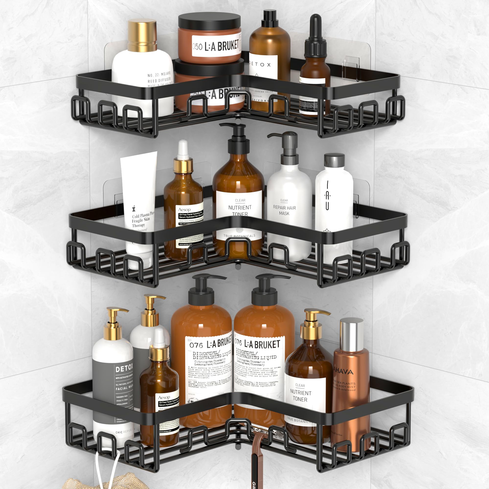 Kegii 3-Piece Corner Shower Caddy - Black Corner Shower Shelf Self Adhesive Bathroom Shelf Stainless Steel Bathroom Shampoo Holders