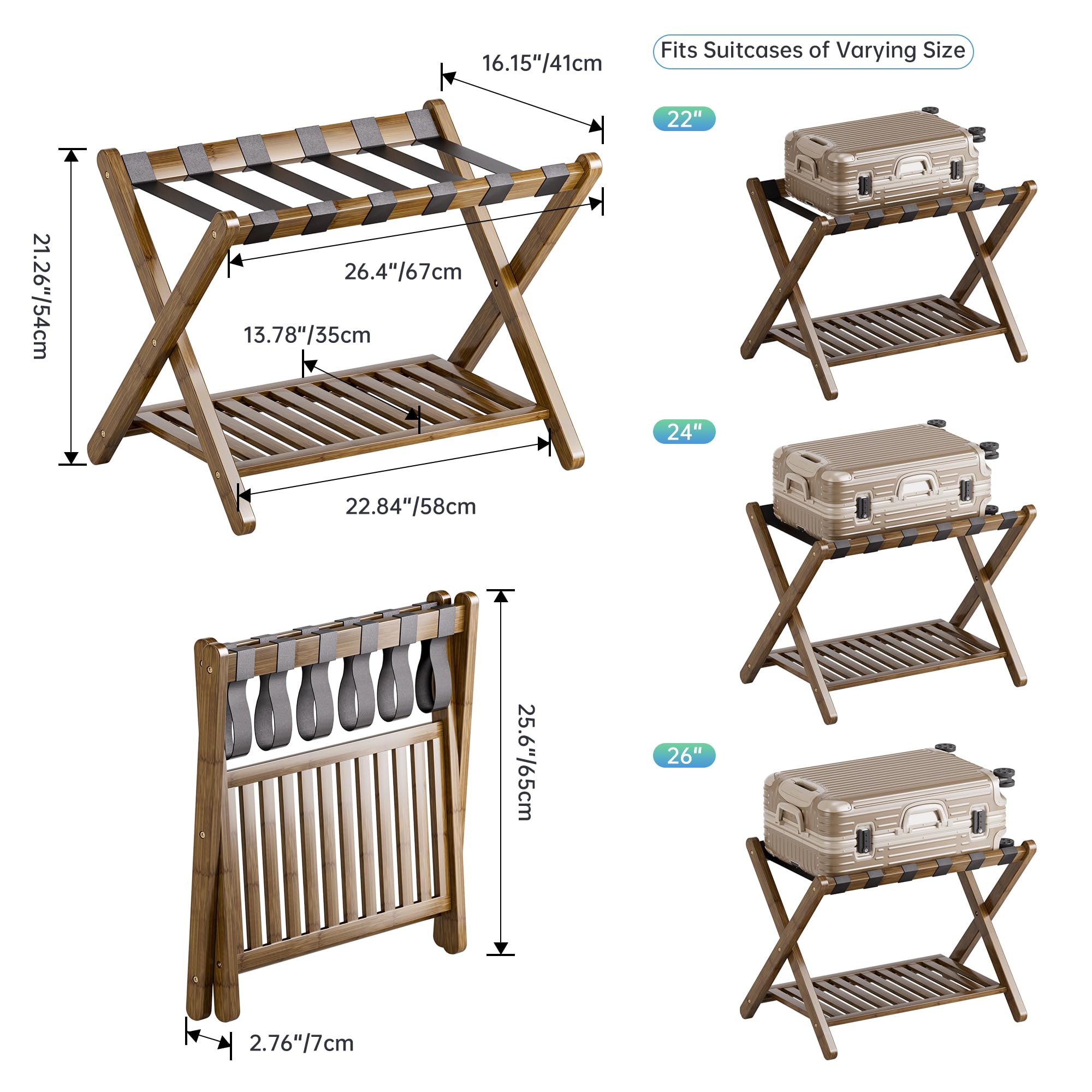 SMIBUY Luggage Rack, Foldable Bamboo Suitcase Stand with Storage Shelf for Guest Room, Bedroom, Hotel, Heavy-Duty (Walnut)