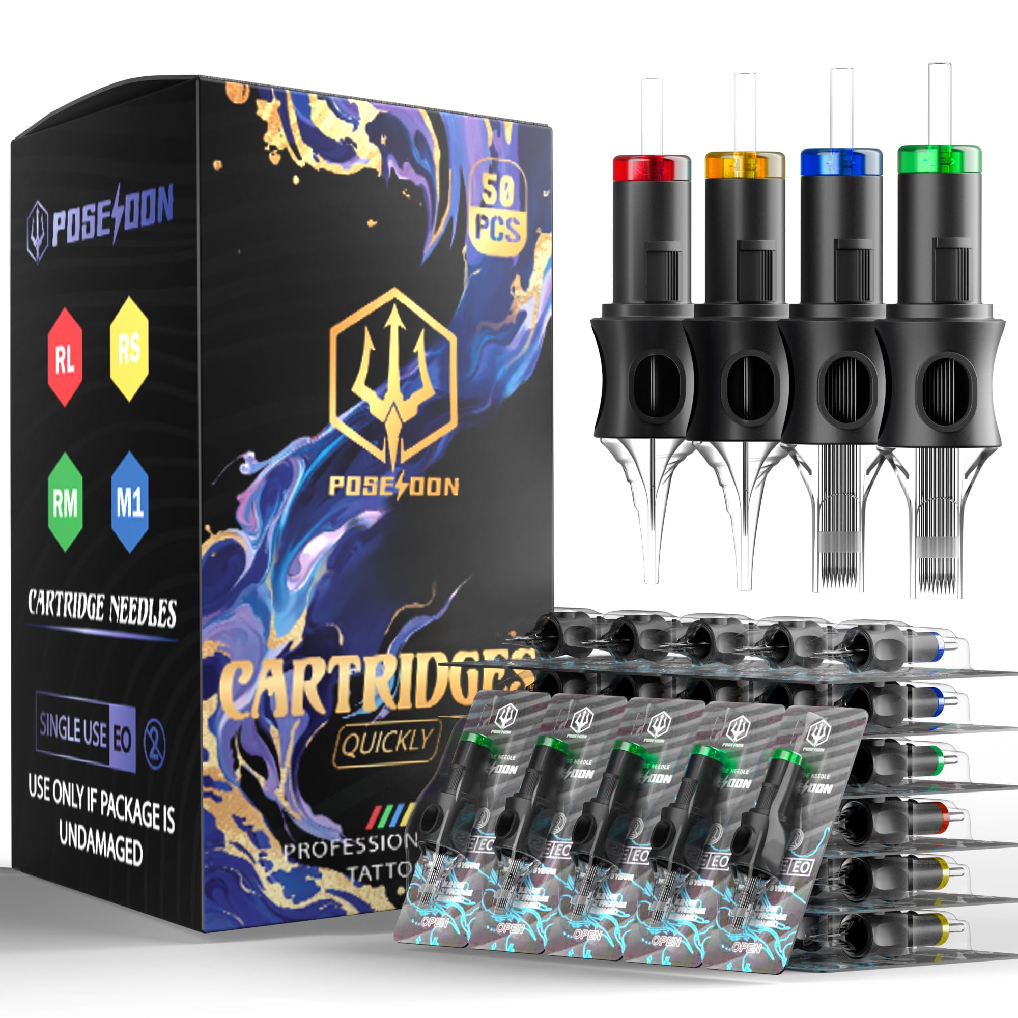 POSEIDON Professional Tattoo Cartridges Needles 50-Pack, Assorted Sizes #12 Round Liner Shader Magnum, 5RL/7RL/9RL/5RS/7RS/9RS/7M1/15M1/7RM/15RM,