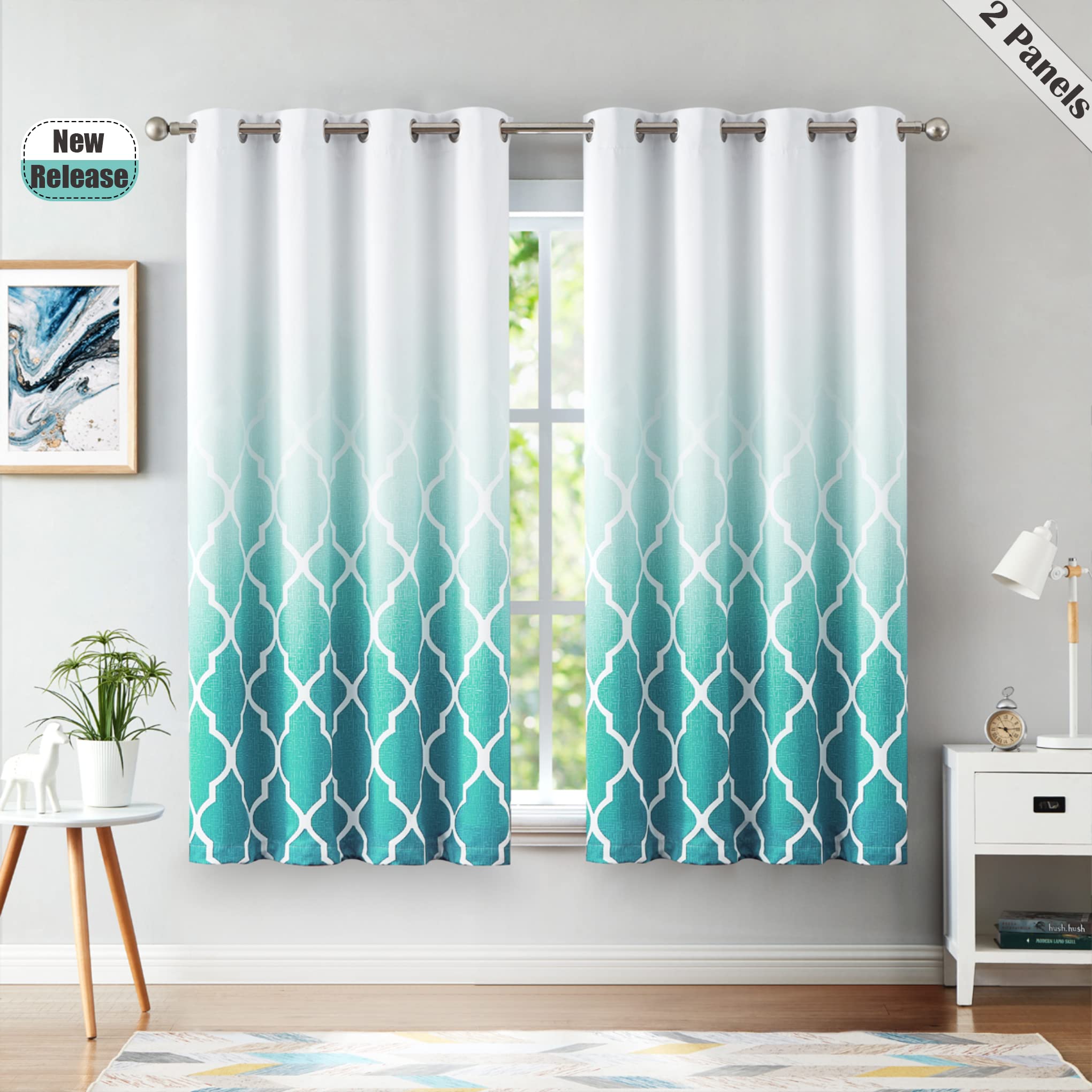 Beauoop Blackout Curtains for Bedroom Teal Ombre Curtains 54 Inch Drop Geometric Print Eyelet Curtain for Living Room Darkening Thermal Insulated