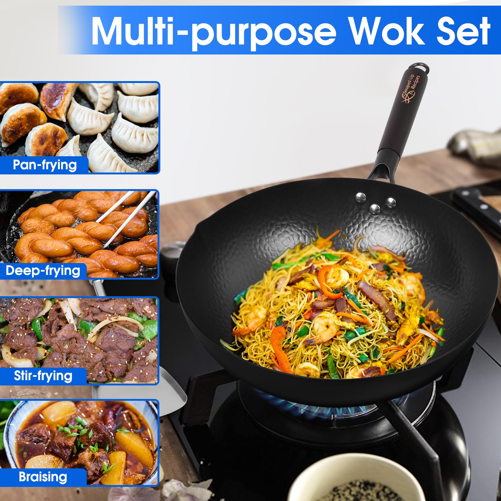 Souped Up Recipes 12.5 Inch Carbon Steel Wok for Electric, Induction and Gas Stoves (Lid, Spatula and User Guide Video Included)