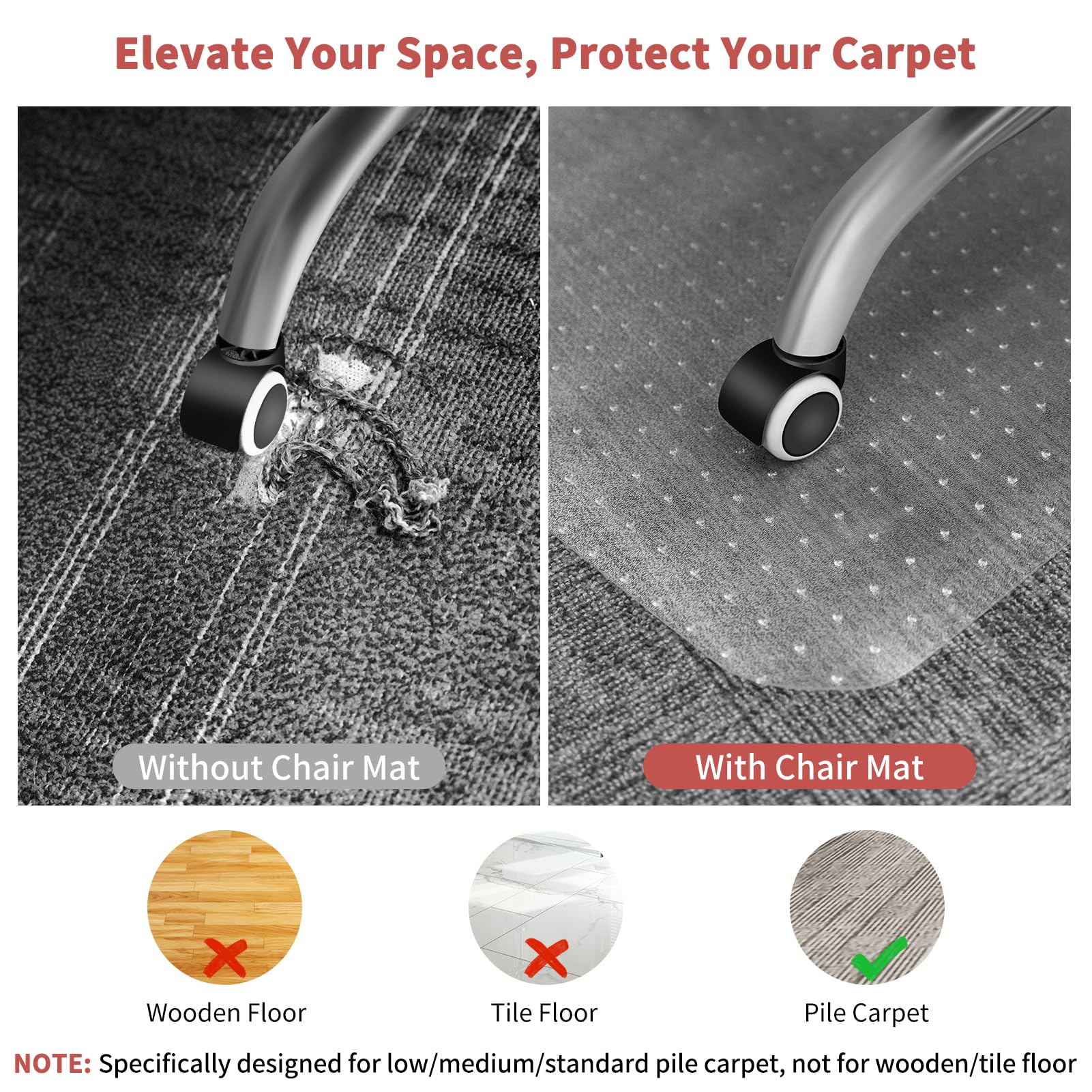 MUEZDUR Carpet Protector Chair Mat, 90x120cm Rectangular Hard PVC Carpet Floors Protector with Studs, Easy Glide Home Office Rolling Chair Mat for
