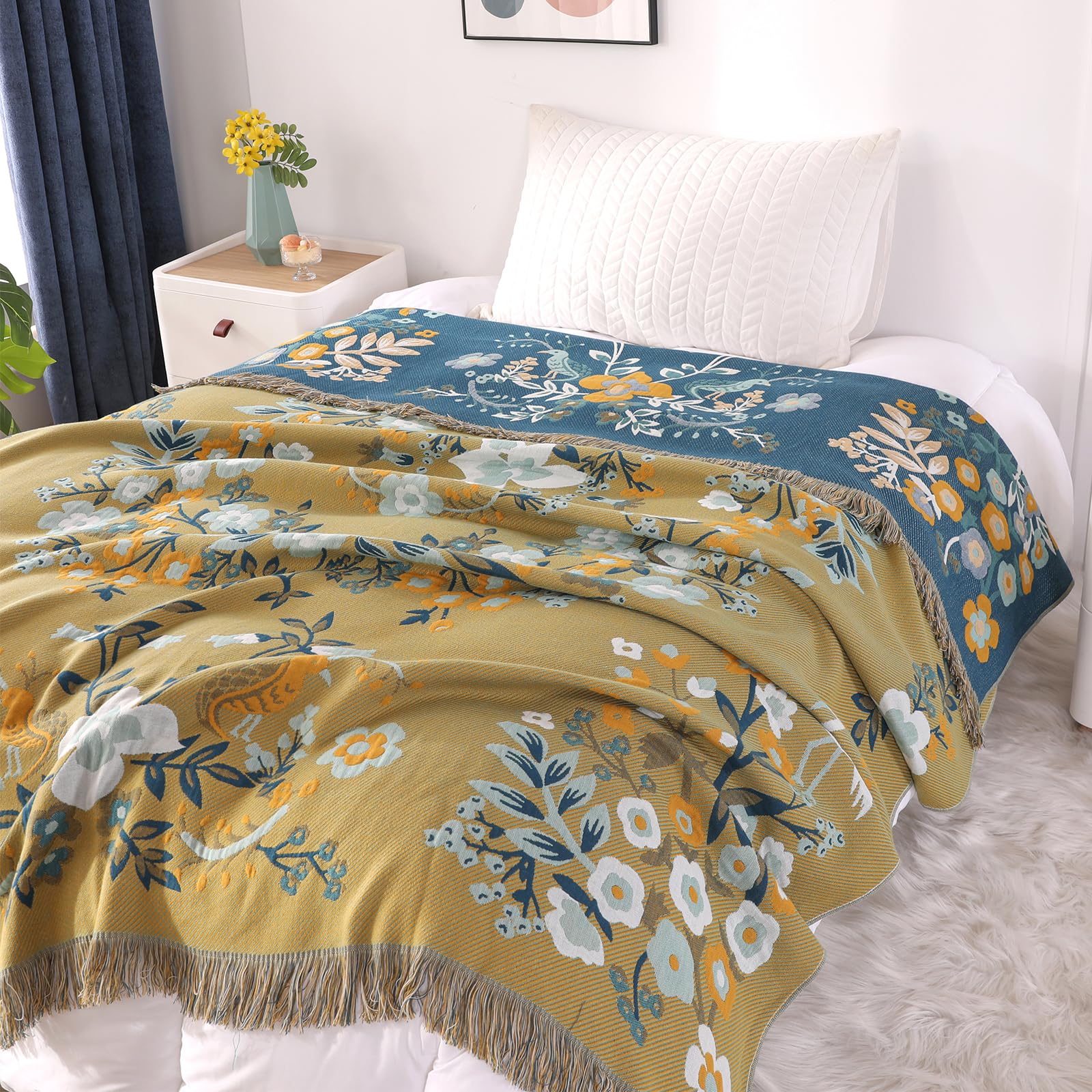 DECMAY Double-sided Throws for Sofas Large, Boho Sofa Bedspread Throw Blanket with Tassels, 100% Cotton Throw for Sofas, Bed and Armchair, Olive,