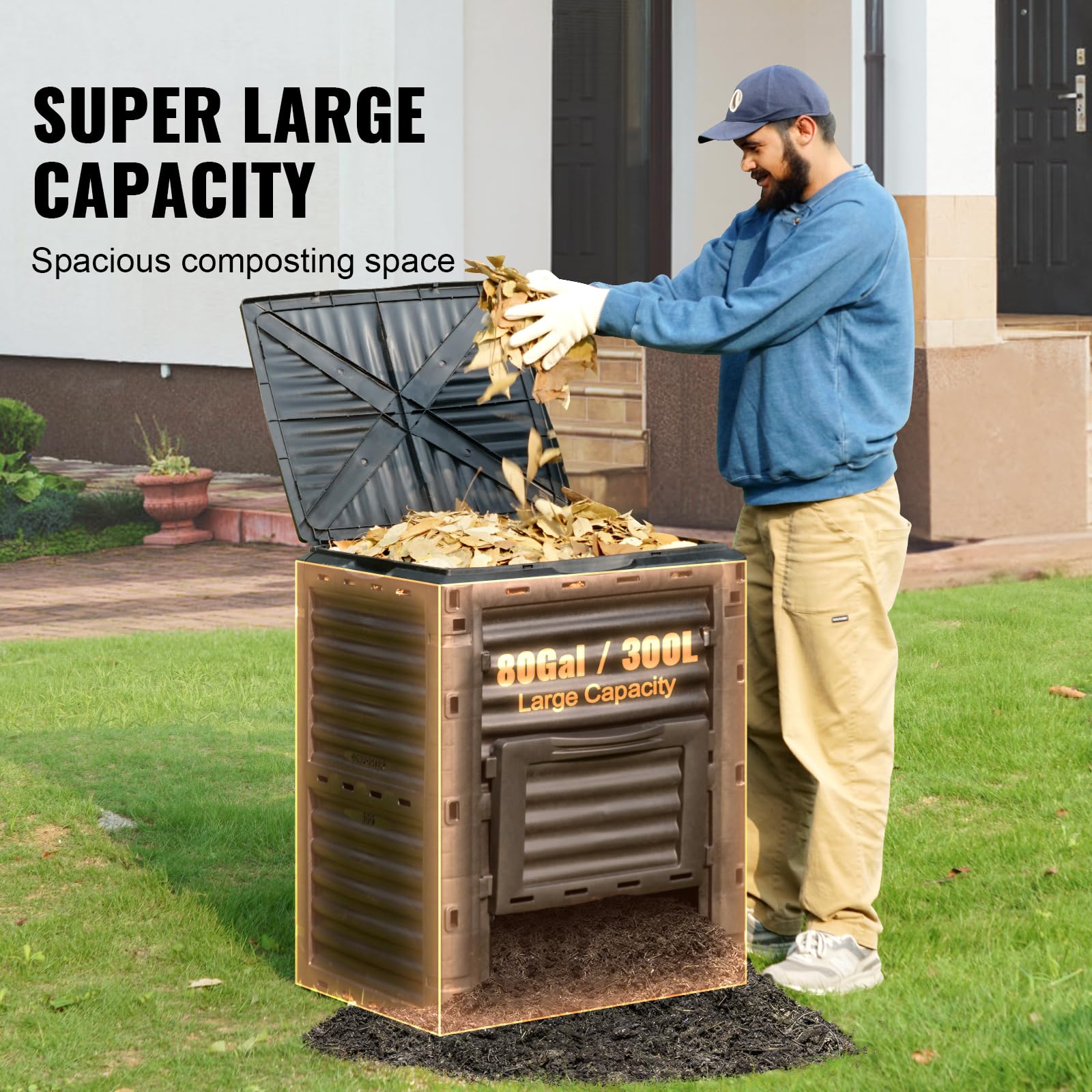 VEVOR Garden Compost Bin 80 Gal, BPA Free Composter, Large Capacity Outdoor Composting Bin with Top Lid and Bottom Door, Easy Assembling, Lightweight,