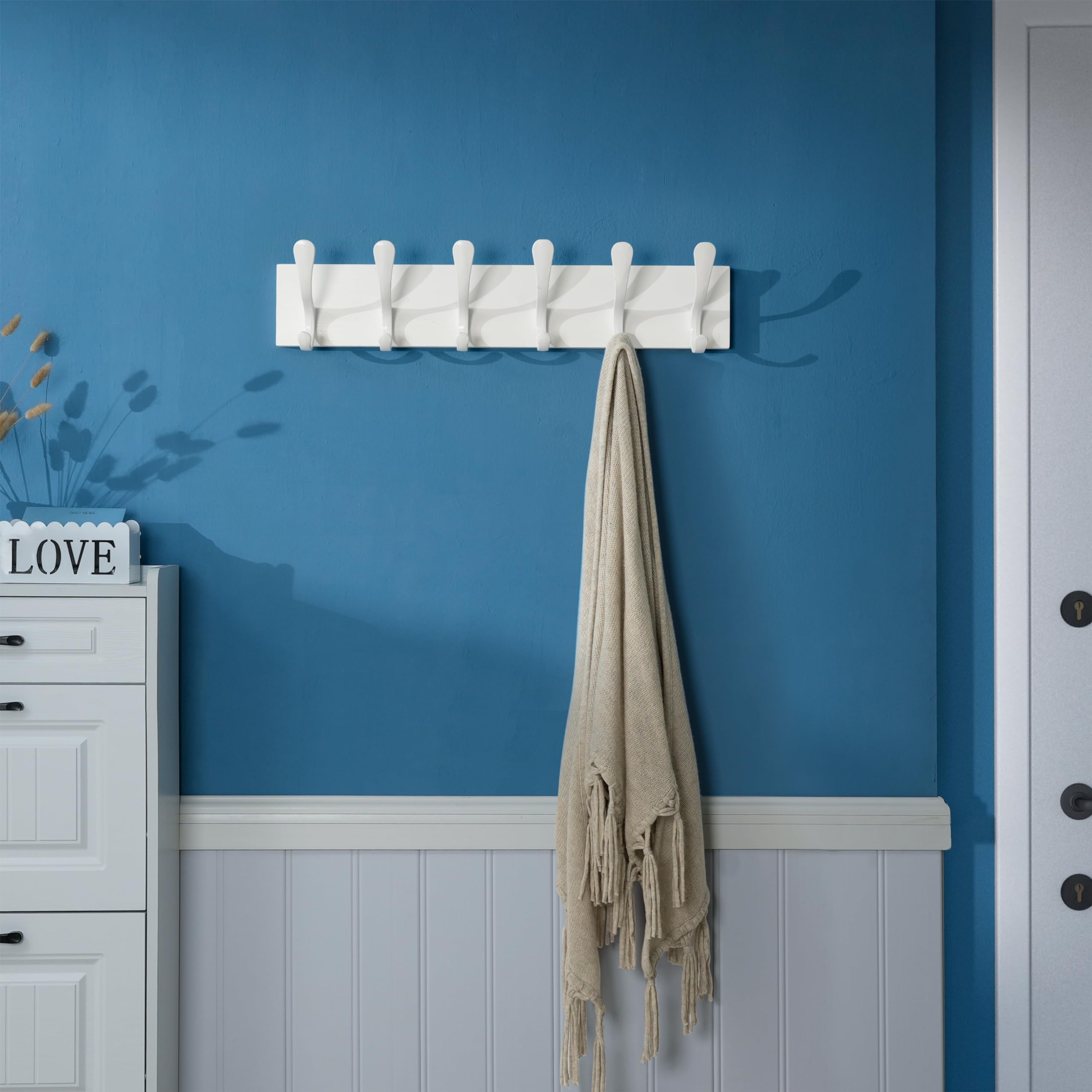 SKOLOO Coat Rack Wall Mount - Wooden White Wall Coat Hook, Pack of 2, Wall Coat Hanger Rack with 6 Hooks for Hanging Coats, Hats, Clothing, Scarfs,
