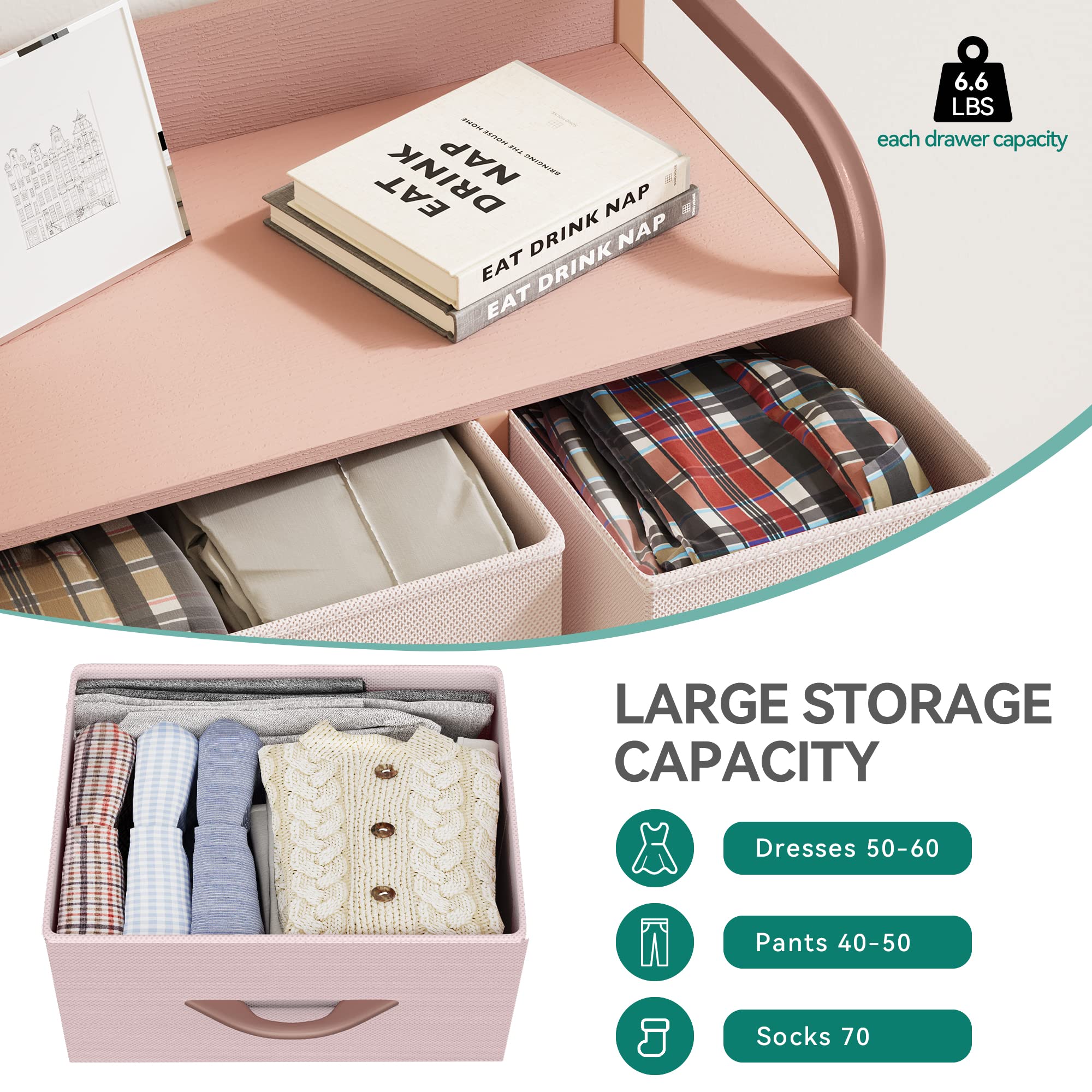 YITAHOME Chest of Drawer Bedroom with 7 Drawers Storage Unit Steel Frame Wood Top Fabric Dresser for Bedroom Living room,Closet,Pink
