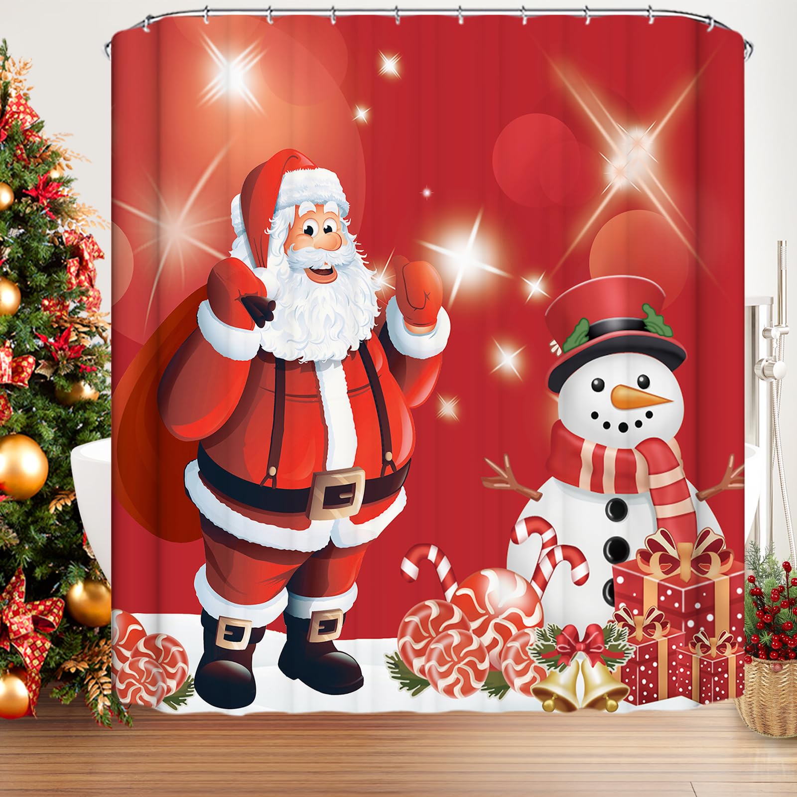 Famibay Christmas Shower Curtain 180x180cm Santa Claus Snowman Bathroom Curtain with 12 Hooks Weighted Shower Curtain Waterproof Polyester Bath