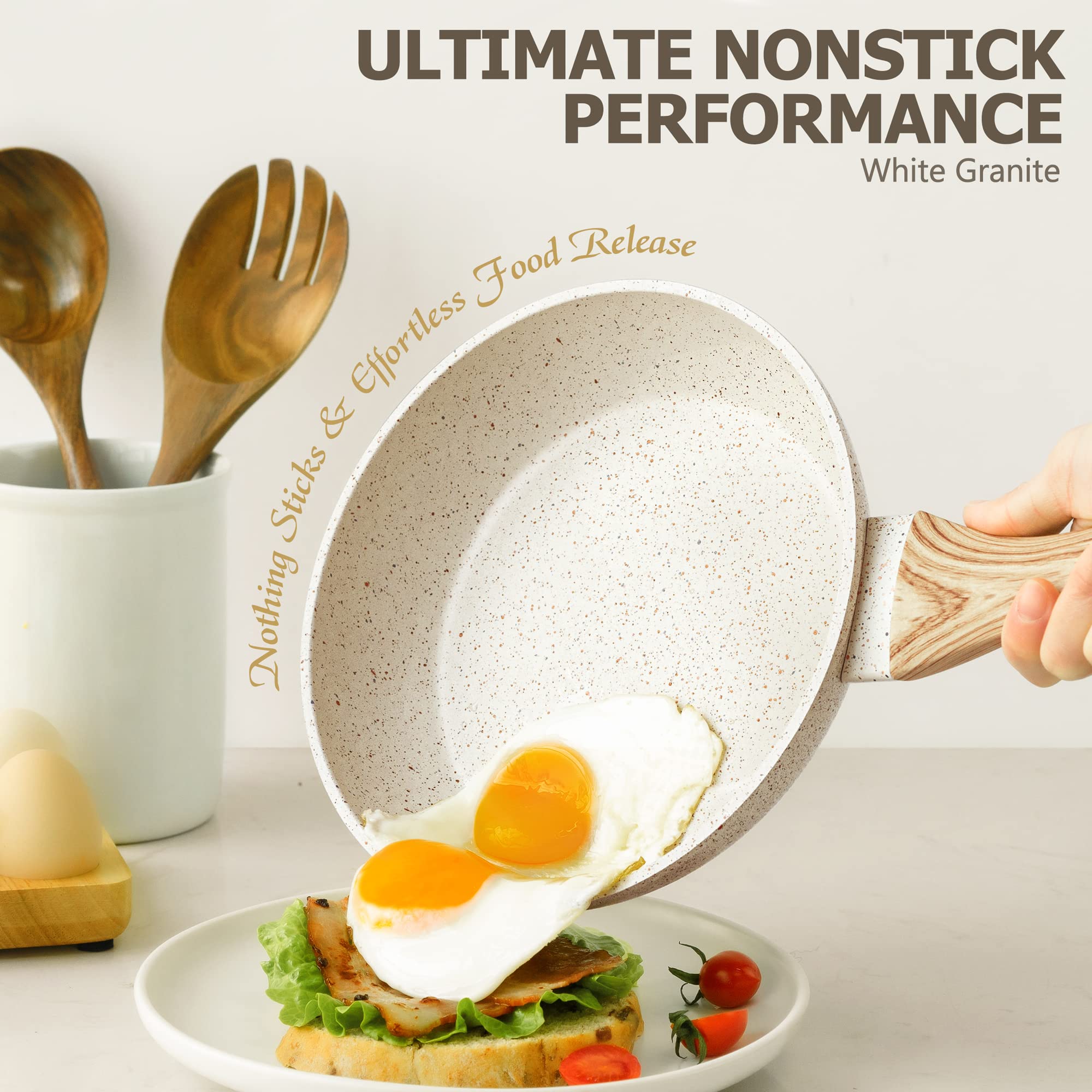MICHELANGELO Frying Pan with Lid 26cm, Non-Toxic Stone-Derived with Bakelite Handle, Granite Pan for Induction, Cream White
