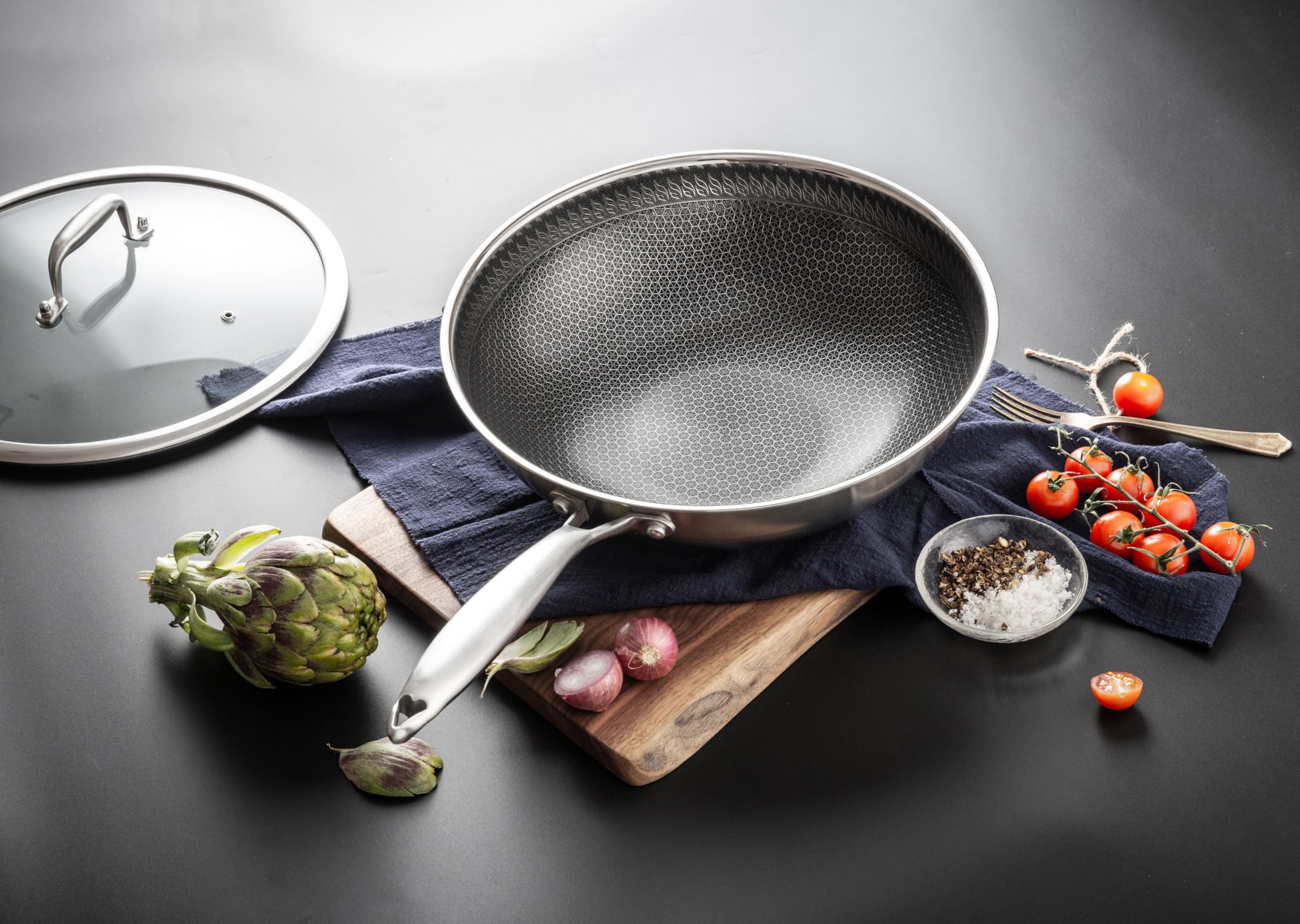 INTIGNIS Wok with Oven-Safe Lid - Anti Scratch Kitchen, for Sauting, Roasting, Broiling Large 30cm Stainless-Steel Skillet - German GREBLON