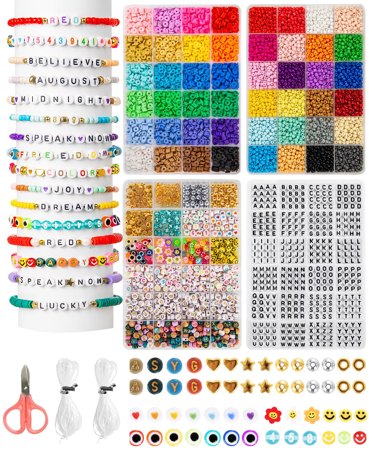 ZENMAG 4 Boxes Clay Beads Bracelet Making Kit - 48 Colors 6mm Clay Beads & 4mm Seed Beads for Friendship Bracelet Making, 1540 Letter Beads, Bracelet