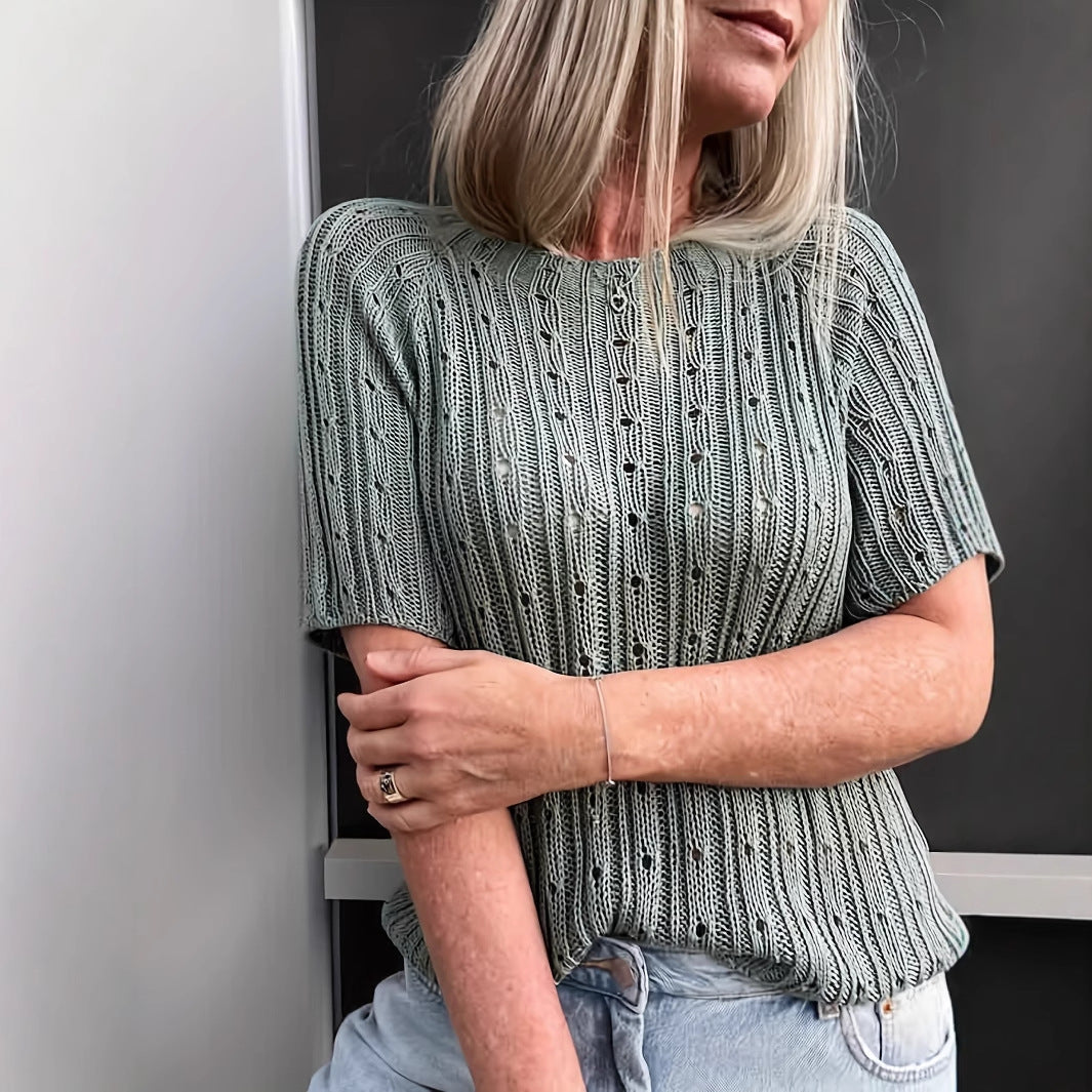 Women's Solid-color Crew-neck Hollow-out Mesh Knit Short-sleeve
