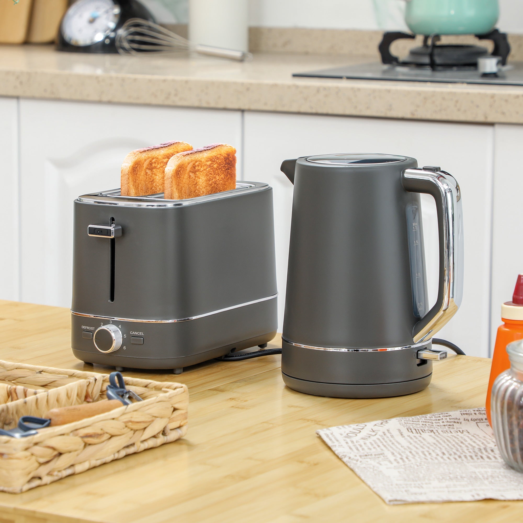 HOMCOM 1.7L 3000W Fast Boil Electric Kettle and 2 Slice Toaster Set, Grey