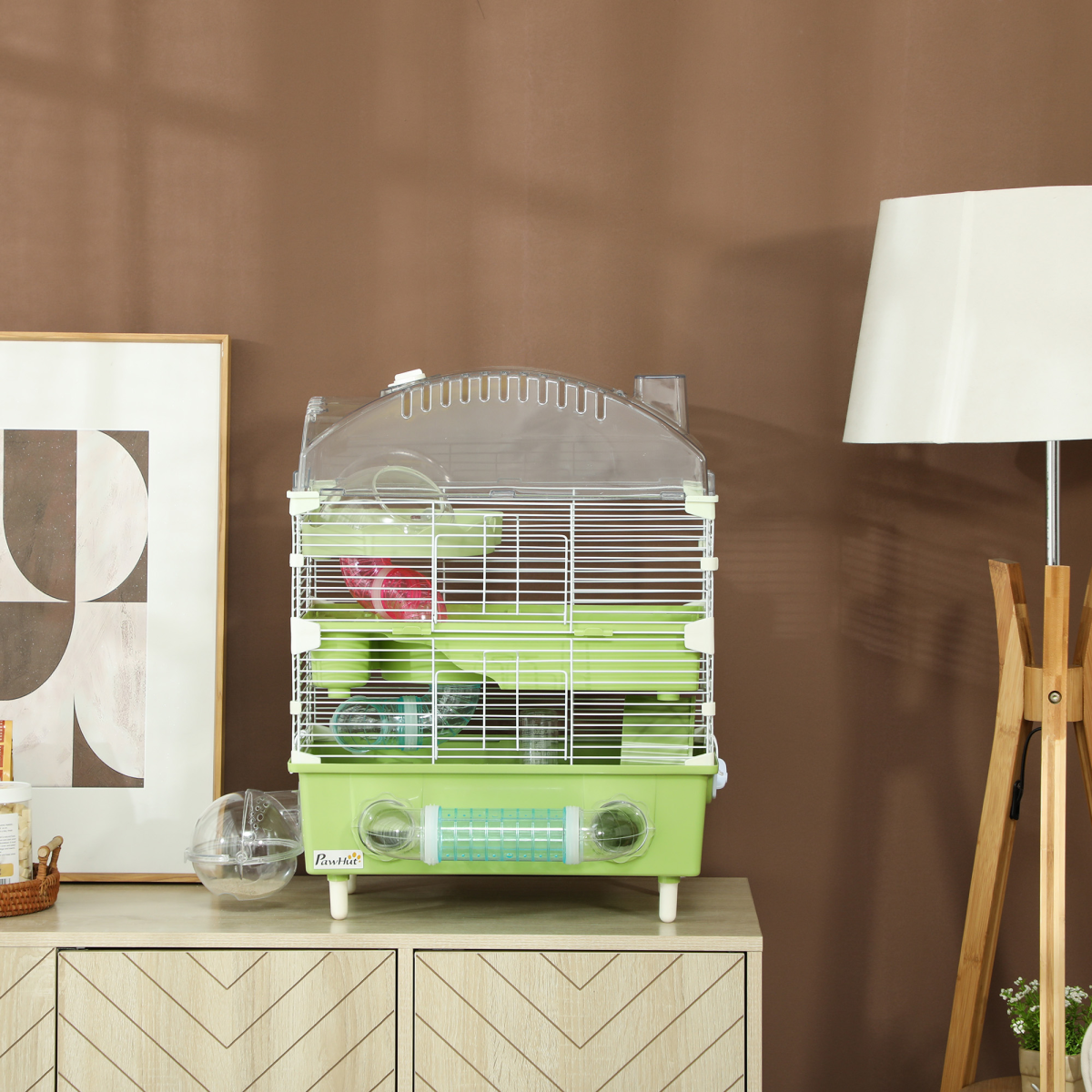 PawHut 3-Tier Hamster Cage, Hamster Habitat with Accessories, Green