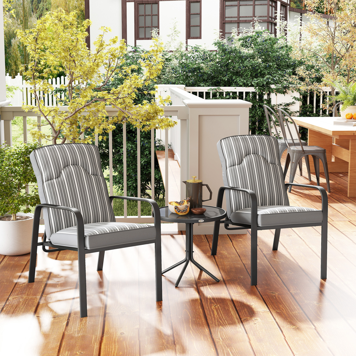 Outsunny 3-Piece Recliner Garden Chairs and Tempered Glass Table Set, Grey