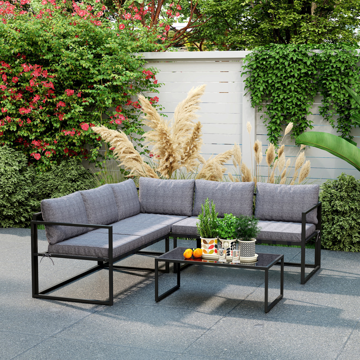 Outsunny 3 Piece L Shaped Garden Furniture Set with Cushions, Grey