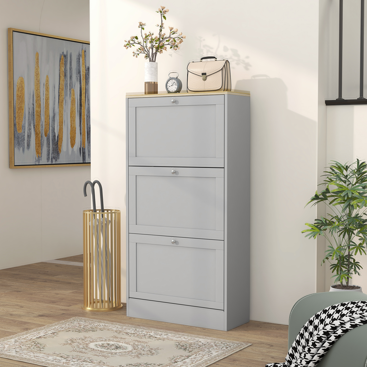 HOMCOM Narrow Shoe Cabinet with 3 Flip Drawers for 18 Pairs of Shoes Grey