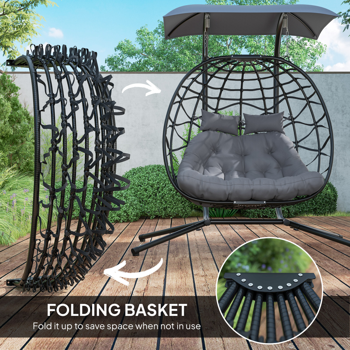 Outsunny Rattan Double Hanging Egg Chair with Canopy, Cushion, Black