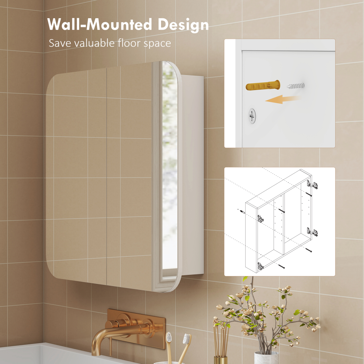 HOMCOM Arched Bathroom Mirror Cabinet, Wall Mounted Mirrored Cabinet