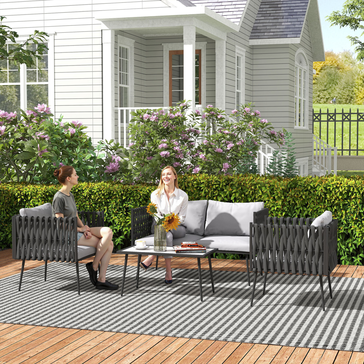 Outsunny 4 Piece Garden Furniture Set with Cushions for Patio, Light Grey