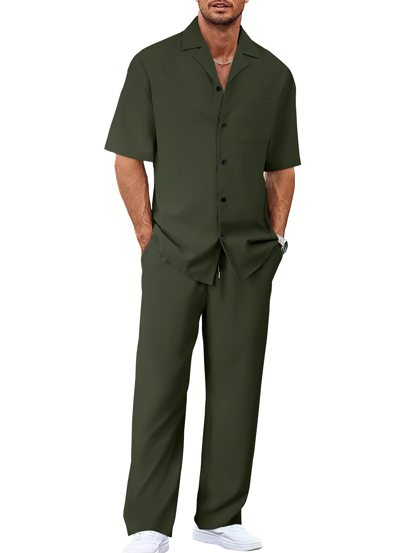 Men's Trousers Suit Fashion Lapel Button Short Sleeve Shirt And Pocket Straight Pants Clothing