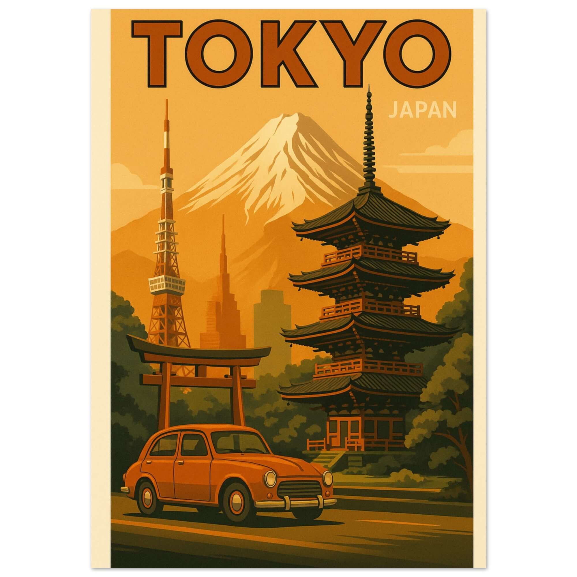 Vintage Tokyo Travel Poster – Retro Japan Wall Art with Mount Fuji