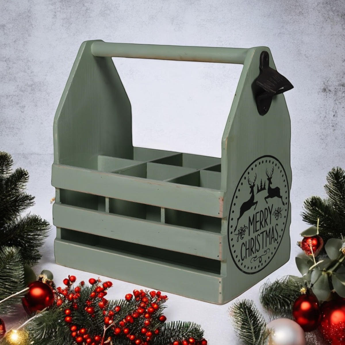 RUSTIC GREEN 6 BOTTLE HOLDER WITH OPENER